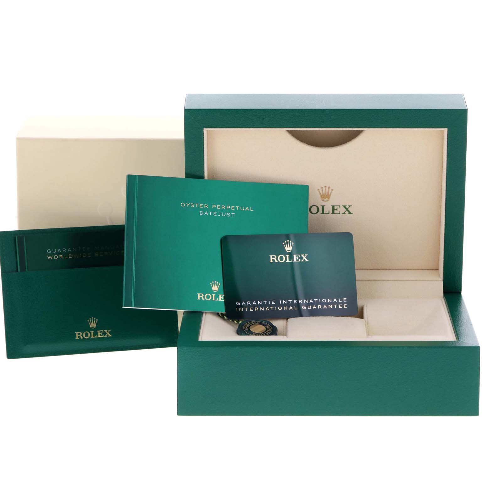The image shows the packaging, warranty card, and manuals for a Rolex Datejust 41 126334 Men
s Stainless Steel Blue Dial 126334 Men
s Stainless Steel Blue Dial watch.