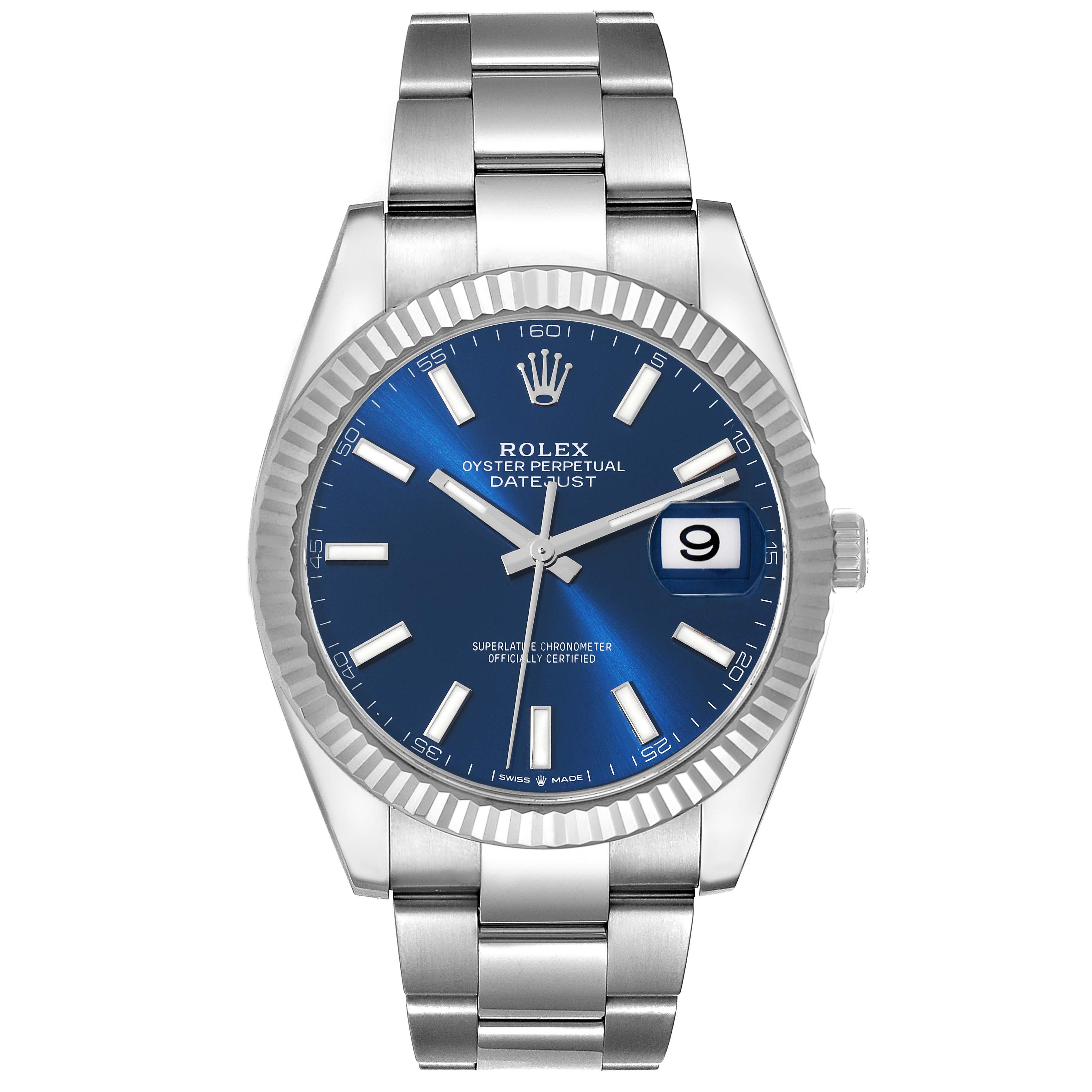 The Rolex Datejust 41 126334 Men's Stainless Steel Blue Dial 126334 Men's Stainless Steel Blue Dial model is shown from a front angle, highlighting the blue dial, date window, and stainless steel bracelet.