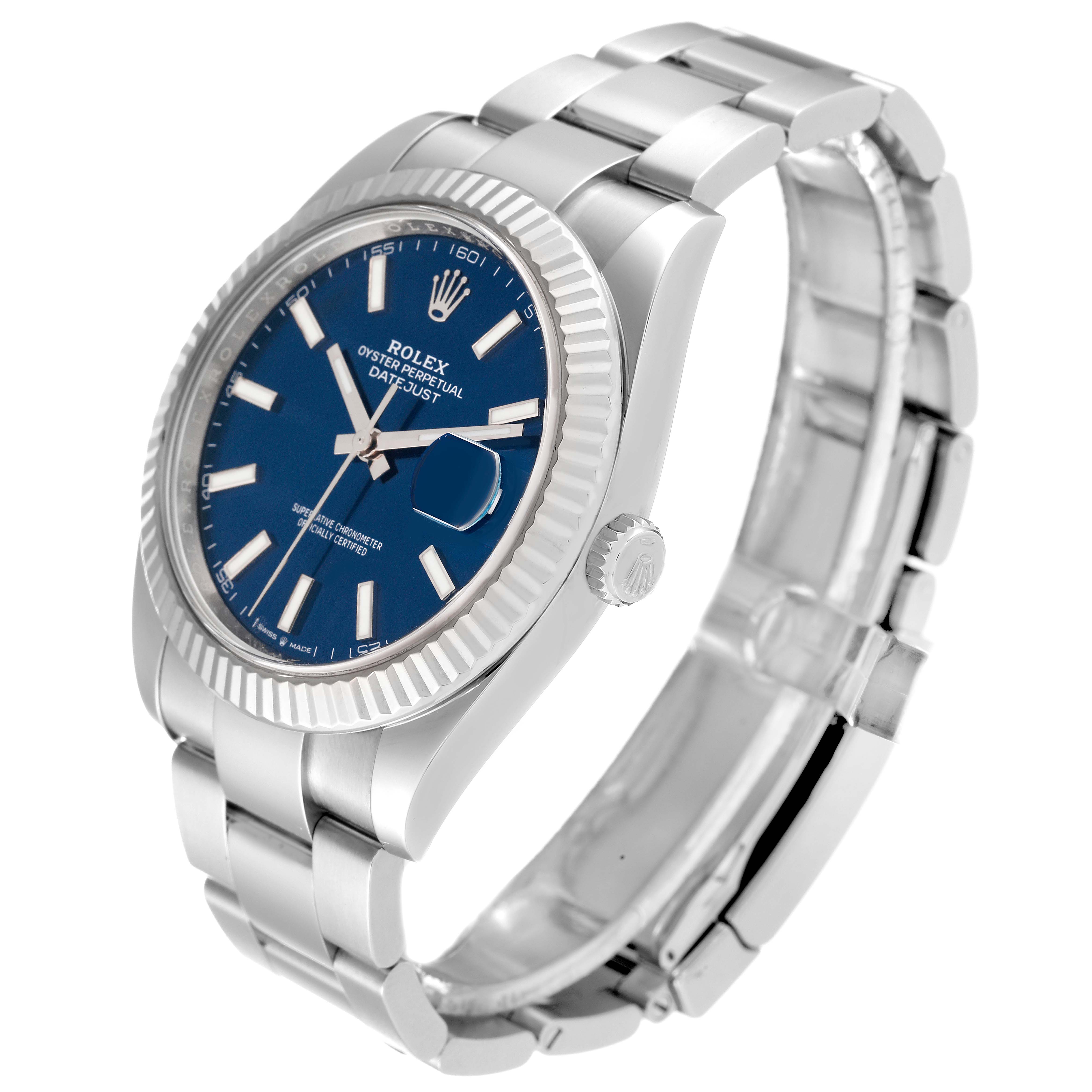 The Rolex Datejust 41 126334 Men's Stainless Steel Blue Dial 126334 Men's Stainless Steel Blue Dial watch is shown at an angle highlighting its blue dial, fluted bezel, and Oyster bracelet.