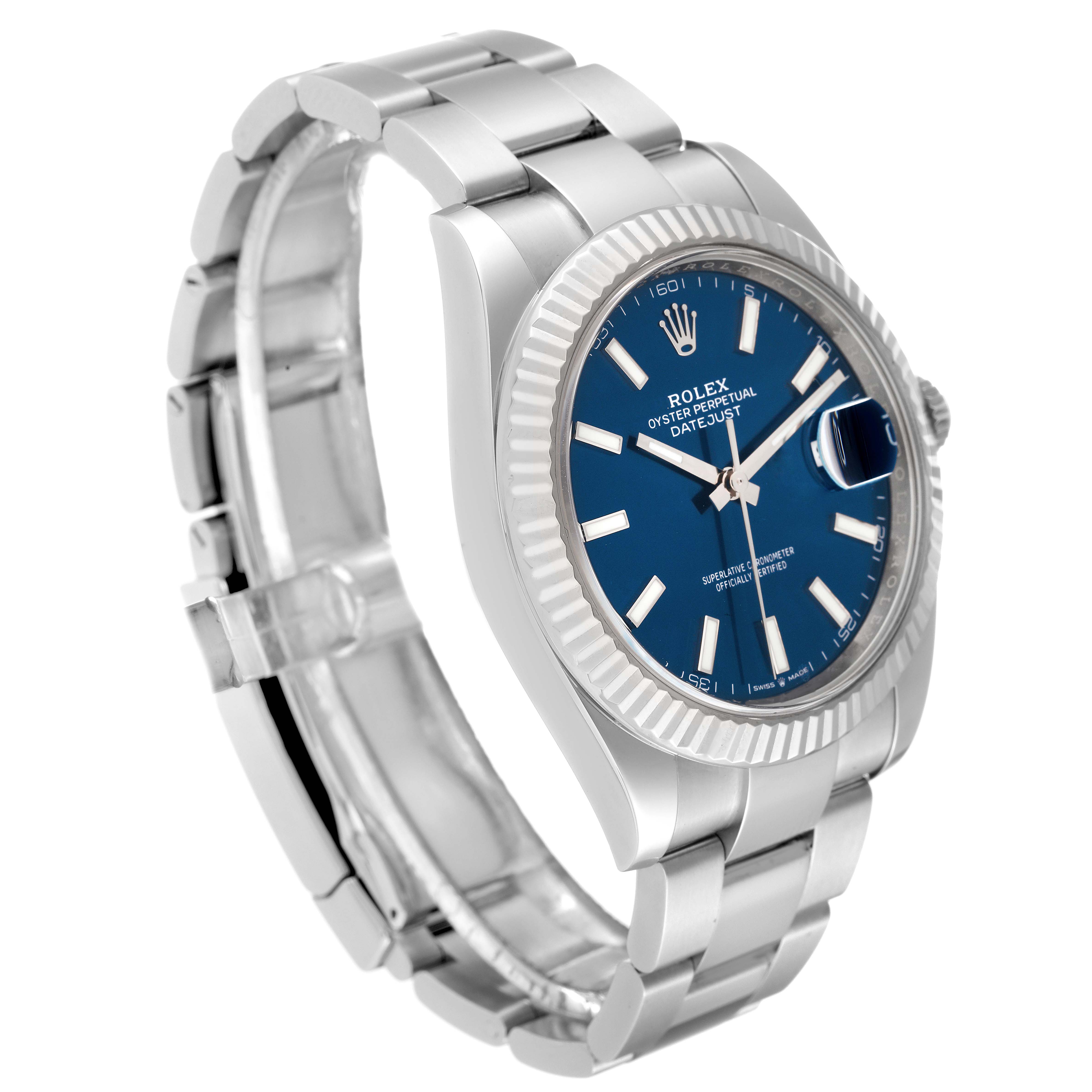 The image shows the Rolex Datejust 41 126334 Men's Stainless Steel Blue Dial 126334 Men's Stainless Steel Blue Dial watch from a front left-angle, displaying the bracelet, bezel, dial, and crown.