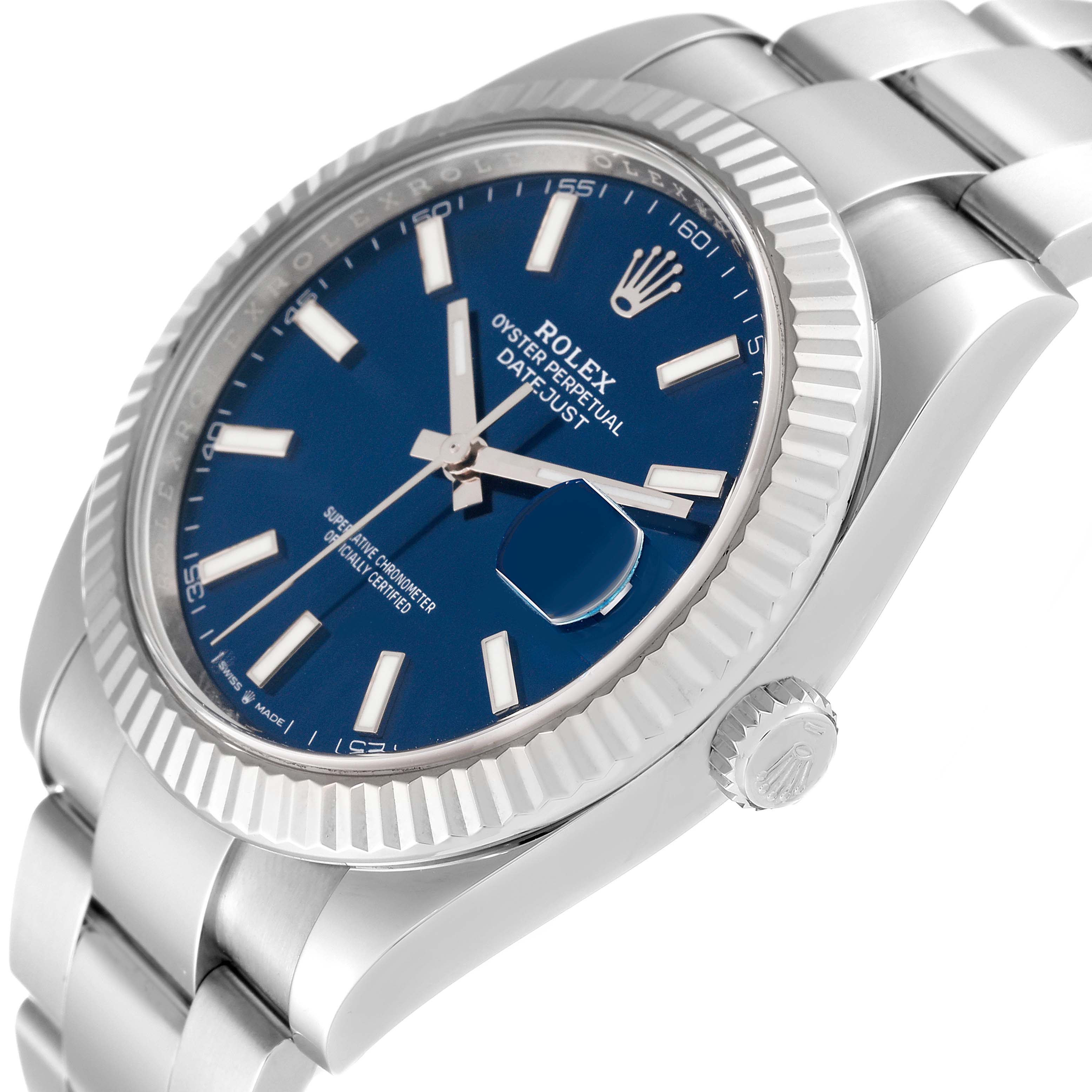 The Rolex Datejust 41 126334 Men's Stainless Steel Blue Dial 126334 Men's Stainless Steel Blue Dial watch is shown at an angled view displaying the dial, bezel, crown, and part of the bracelet.
