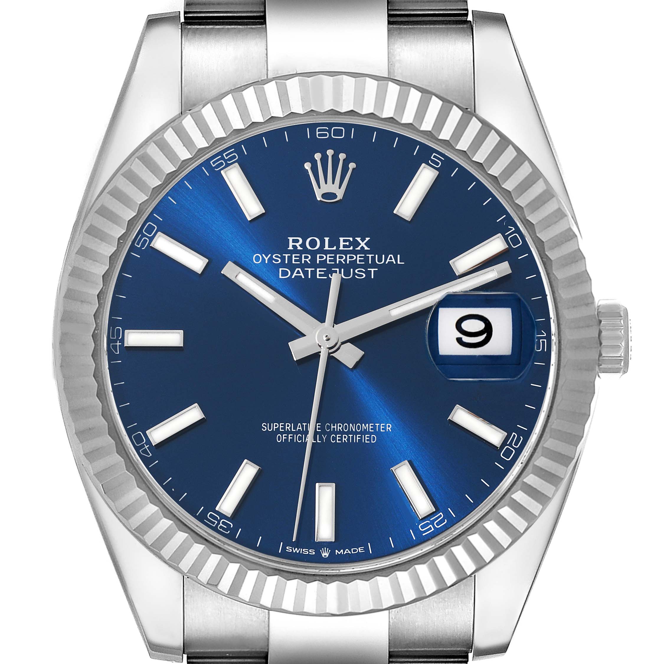 This image shows a frontal view of a Rolex Datejust 41 126334 Men's Stainless Steel Blue Dial 126334 Men's Stainless Steel Blue Dial watch, highlighting its blue dial, fluted bezel, and date window at 3 o'clock.