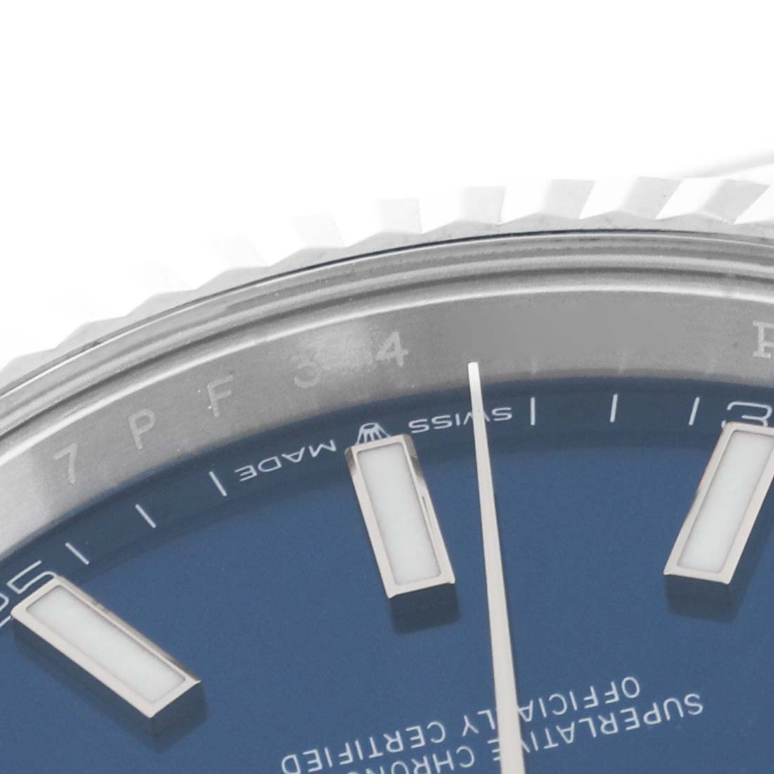 The close-up image shows the upper part of the dial and bezel of a Datejust 41 model by Rolex.