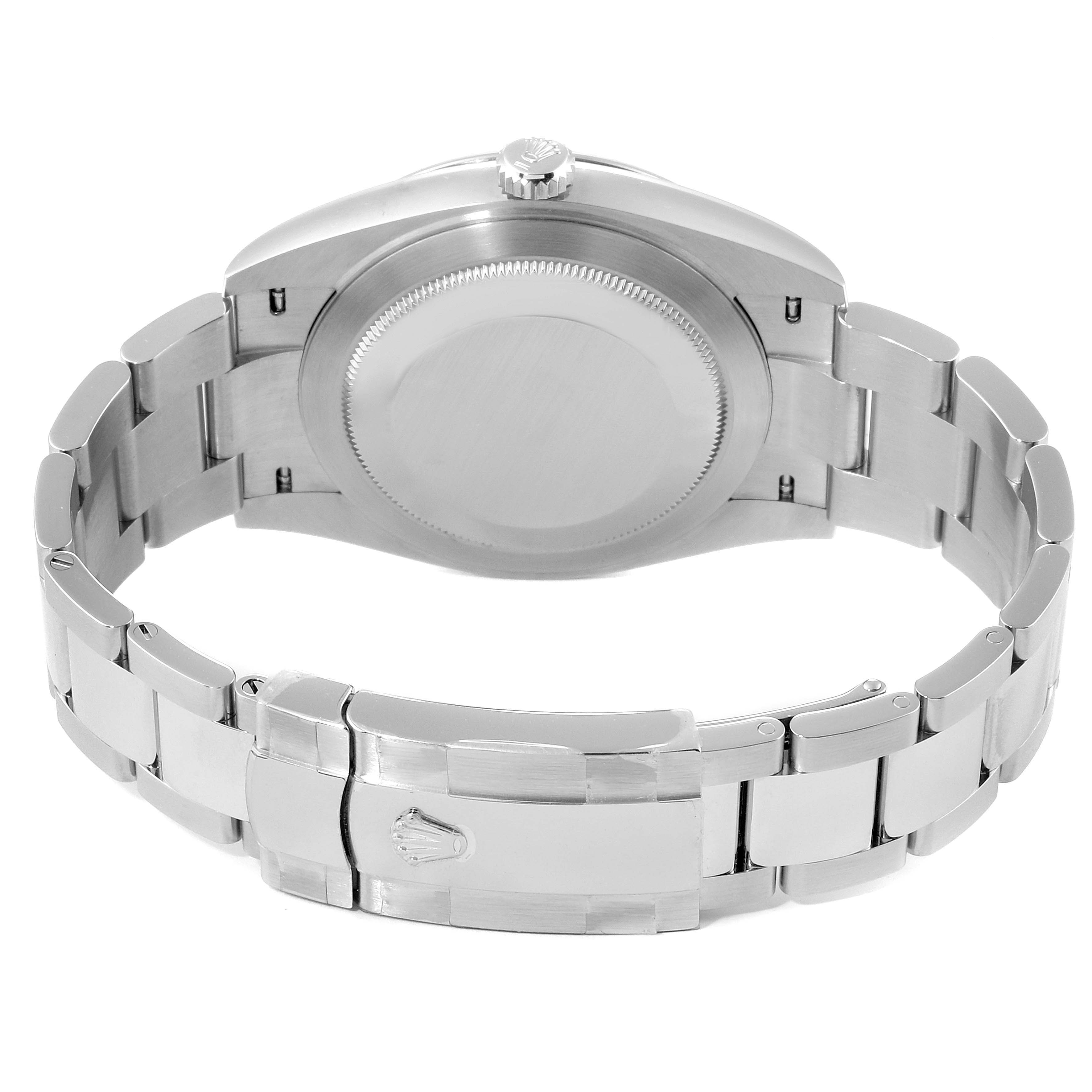 The image shows the back view of a Rolex Datejust 41 126334 Men
s Stainless Steel Blue Dial 126334 Men
s Stainless Steel Blue Dial watch, highlighting the closed clasp and stainless steel bracelet.