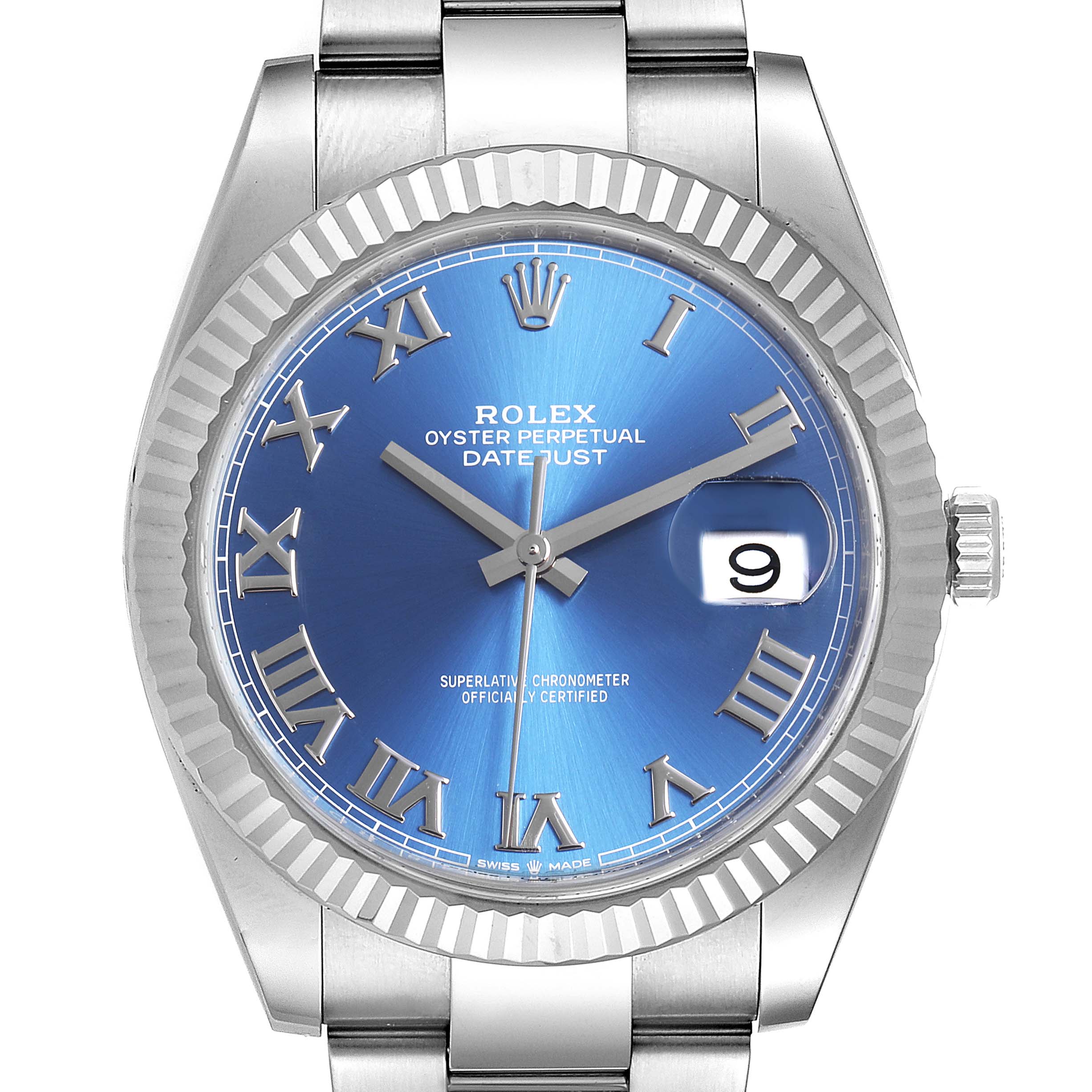 This image shows a front view of the dial and bracelet of a Rolex Datejust 41 126334 Men
s Stainless Steel Blue Dial 126334 Men
s Stainless Steel Blue Dial watch.