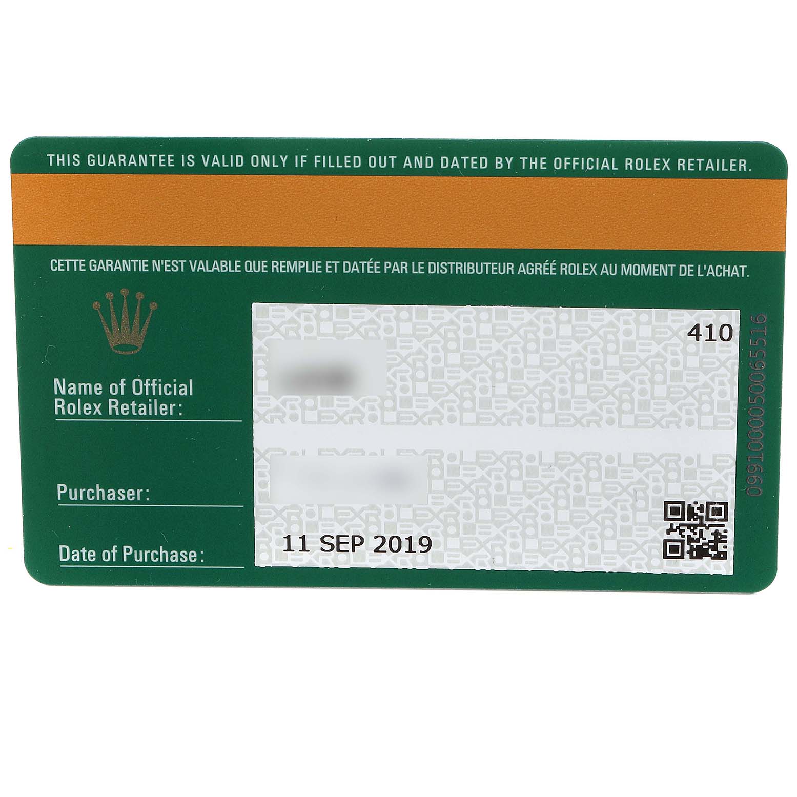 This image shows the warranty card for the Rolex Datejust 41 126334 Men
s Stainless Steel Blue Dial 126334 Men
s Stainless Steel Blue Dial model, including purchase details and retailer information.