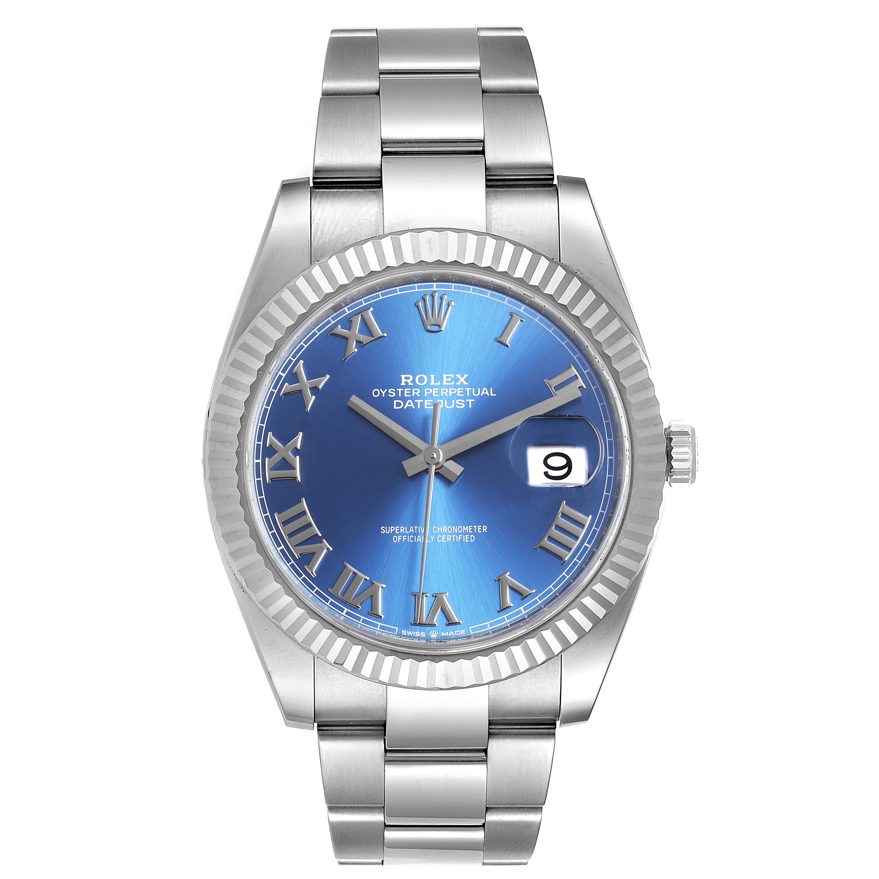 The Rolex Datejust 41 126334 Men
s Stainless Steel Blue Dial 126334 Men
s Stainless Steel Blue Dial watch is shown from a front angle, displaying its blue dial, fluted bezel, and Oyster bracelet.