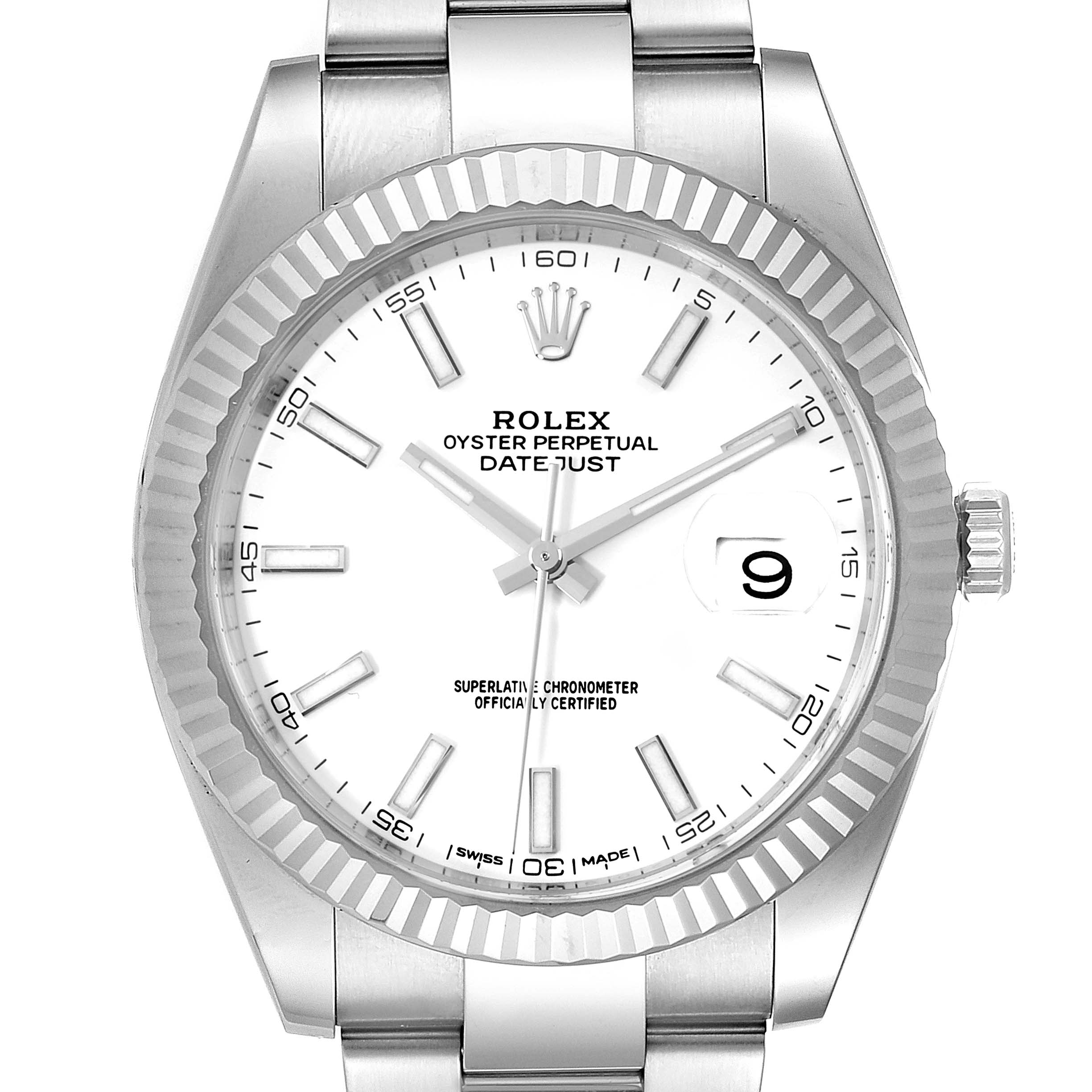 This image shows the face and part of the bracelet of a Rolex Datejust 41 126334 Men
s Stainless Steel White Dial 126334 Men
s Stainless Steel White Dial watch from a front angle.