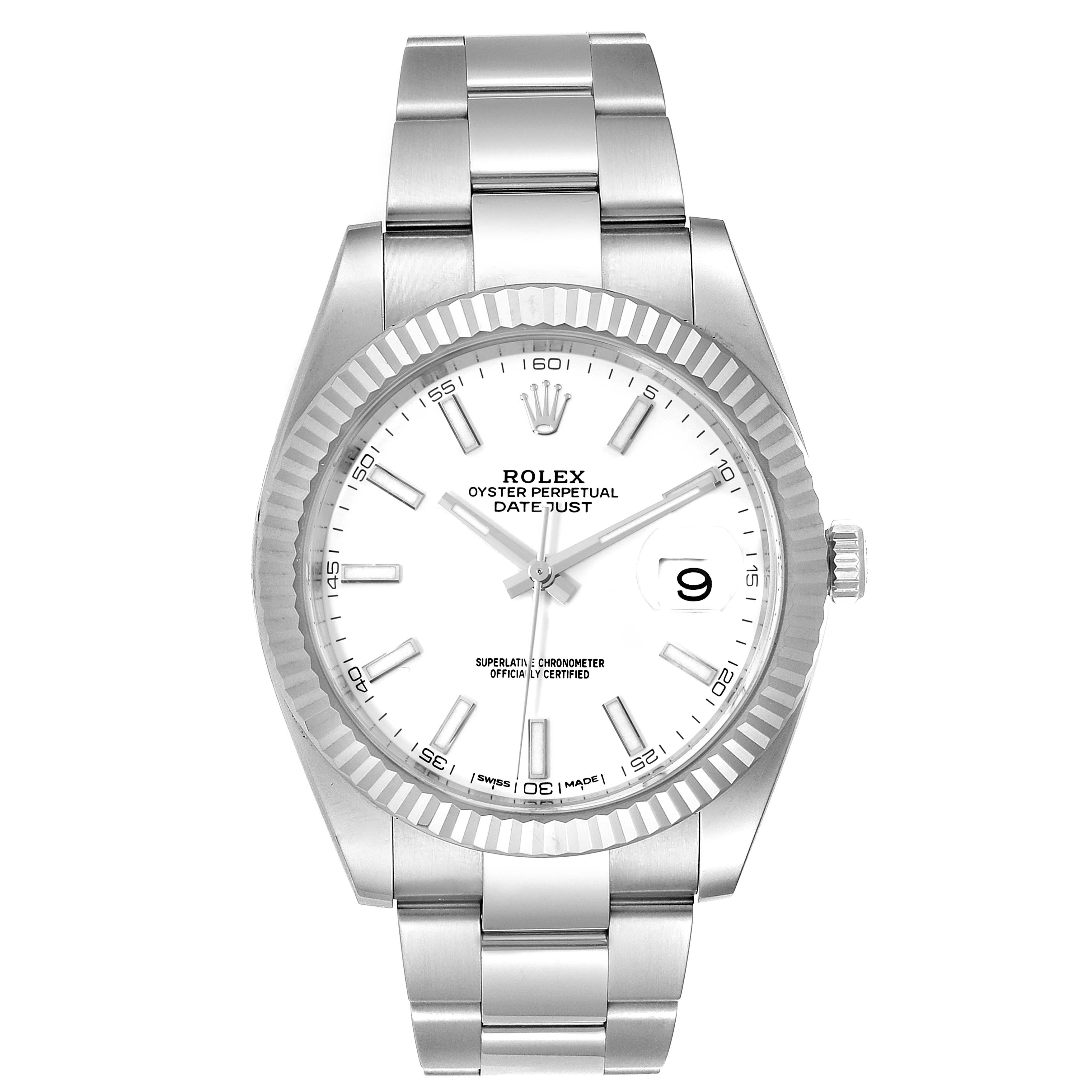 The image shows a front view of the Rolex Datejust 41 126334 Men
s Stainless Steel White Dial 126334 Men
s Stainless Steel White Dial watch, displaying the dial, bezel, bracelet, and crown.
