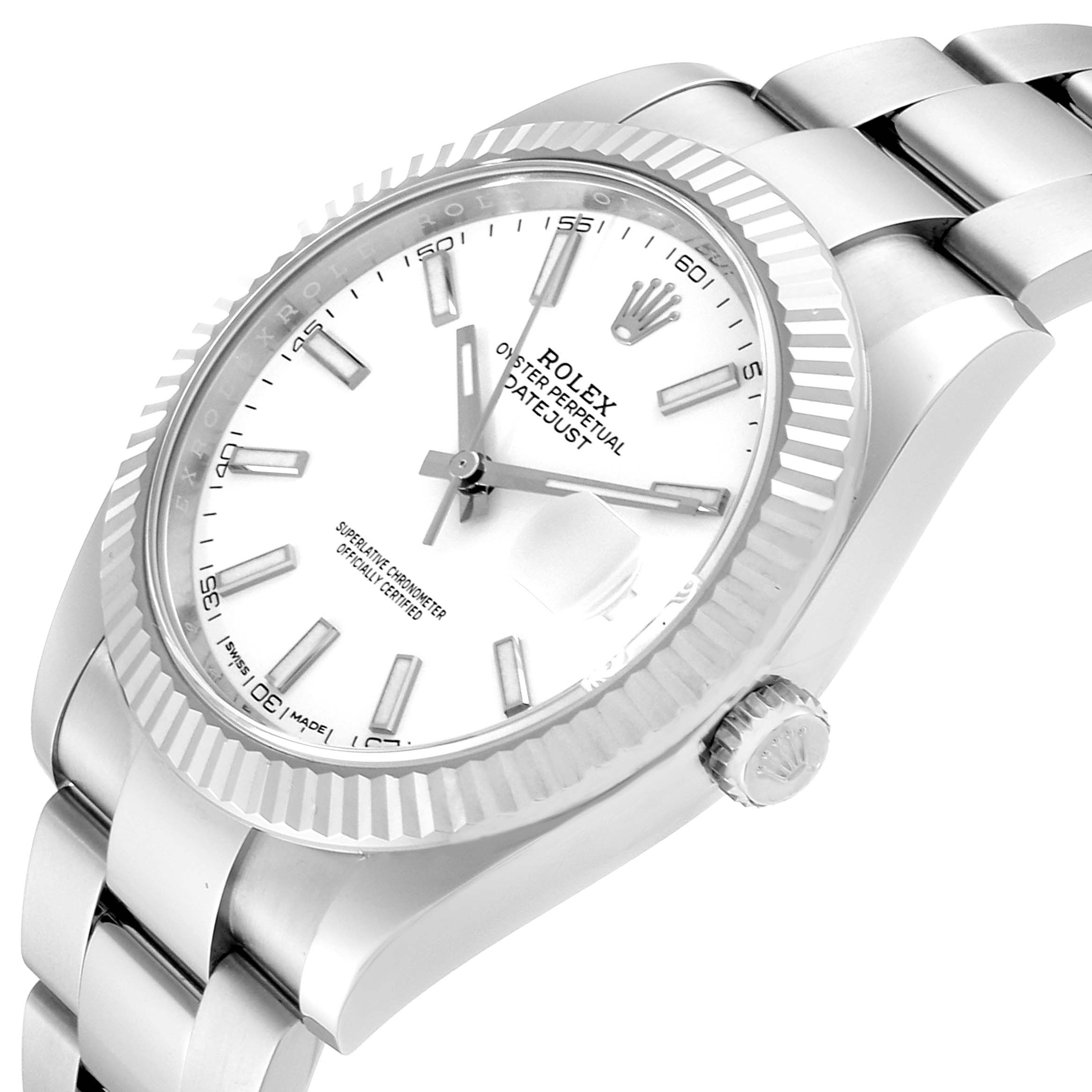 The image shows a close-up, angled view of a Rolex Datejust 41 126334 Men
s Stainless Steel White Dial 126334 Men
s Stainless Steel White Dial watch, highlighting the dial, bezel, and partial bracelet.