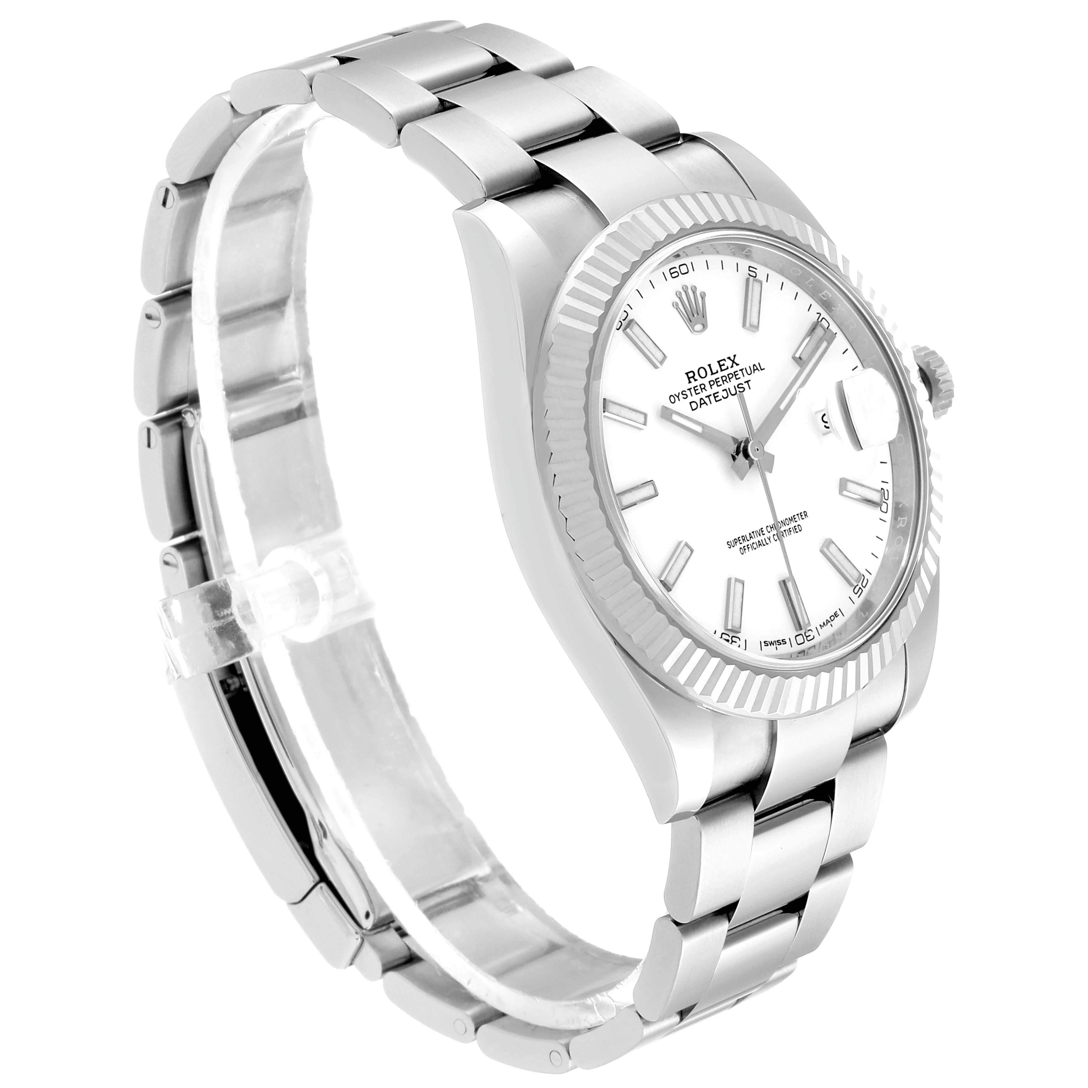 This Rolex Datejust 41 126334 Men
s Stainless Steel White Dial 126334 Men
s Stainless Steel White Dial watch is shown from a front-side angle, displaying the face, bezel, and bracelet.