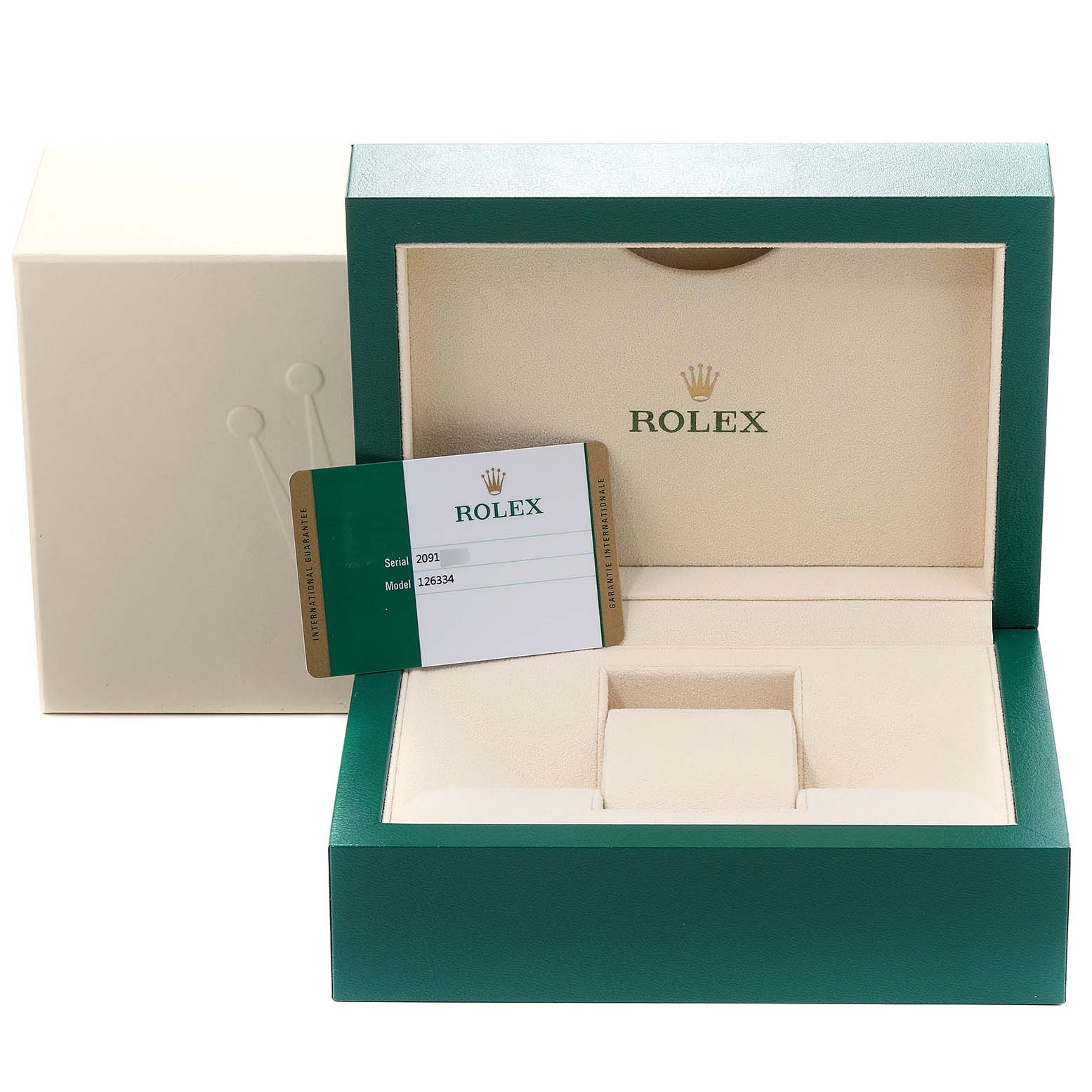 The image shows an open Rolex Datejust 41 126334 Men
s Stainless Steel White Dial 126334 Men
s Stainless Steel White Dial box with a warranty card in front.