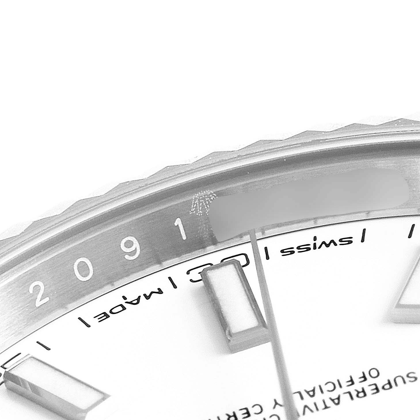 This image shows a close-up of the dial, bezel, and markers of the Rolex Datejust 41 126334 Men
s Stainless Steel White Dial 126334 Men
s Stainless Steel White Dial watch.
