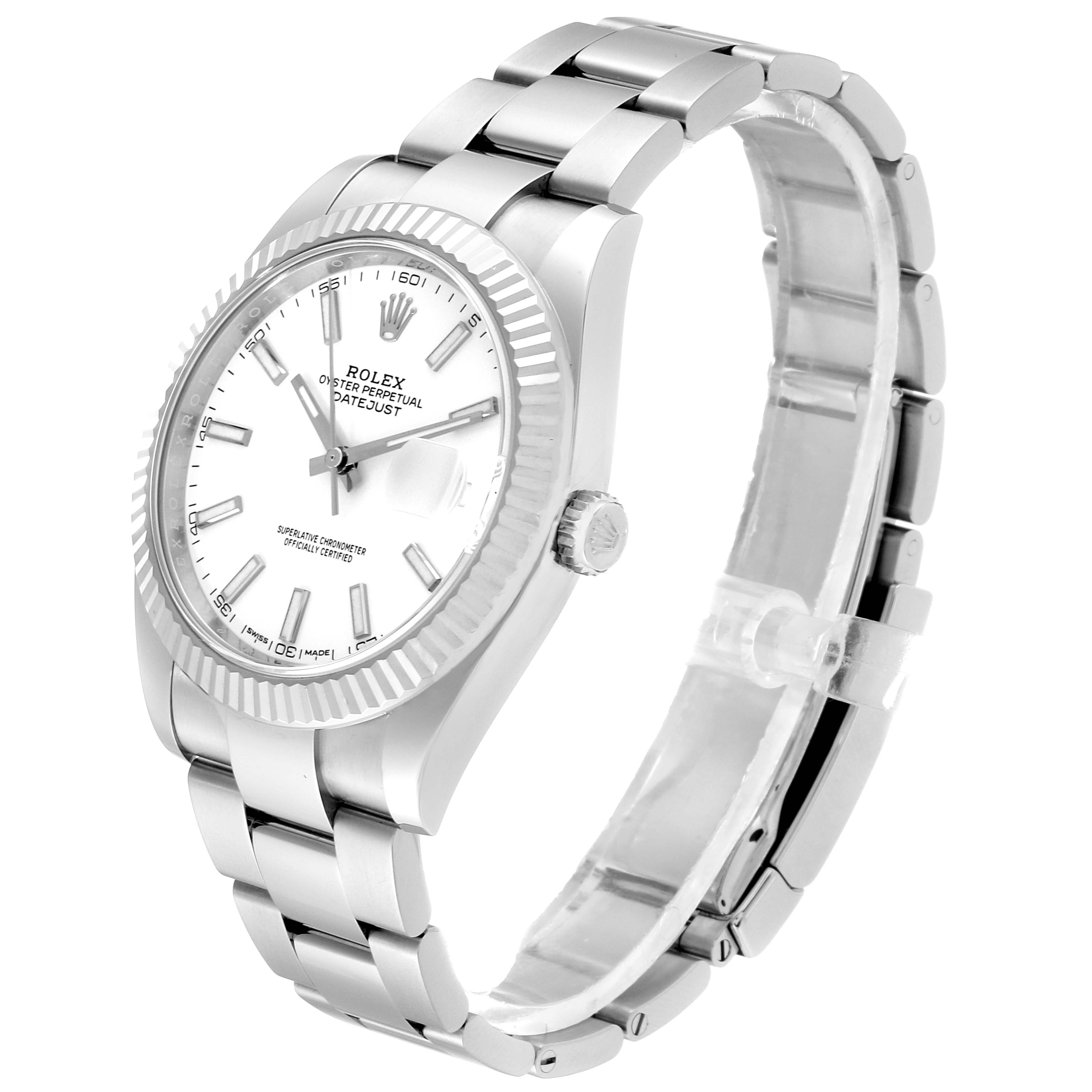 The image shows a Rolex Datejust 41 126334 Men
s Stainless Steel White Dial 126334 Men
s Stainless Steel White Dial watch angled to display the dial, bezel, crown, and part of the bracelet.