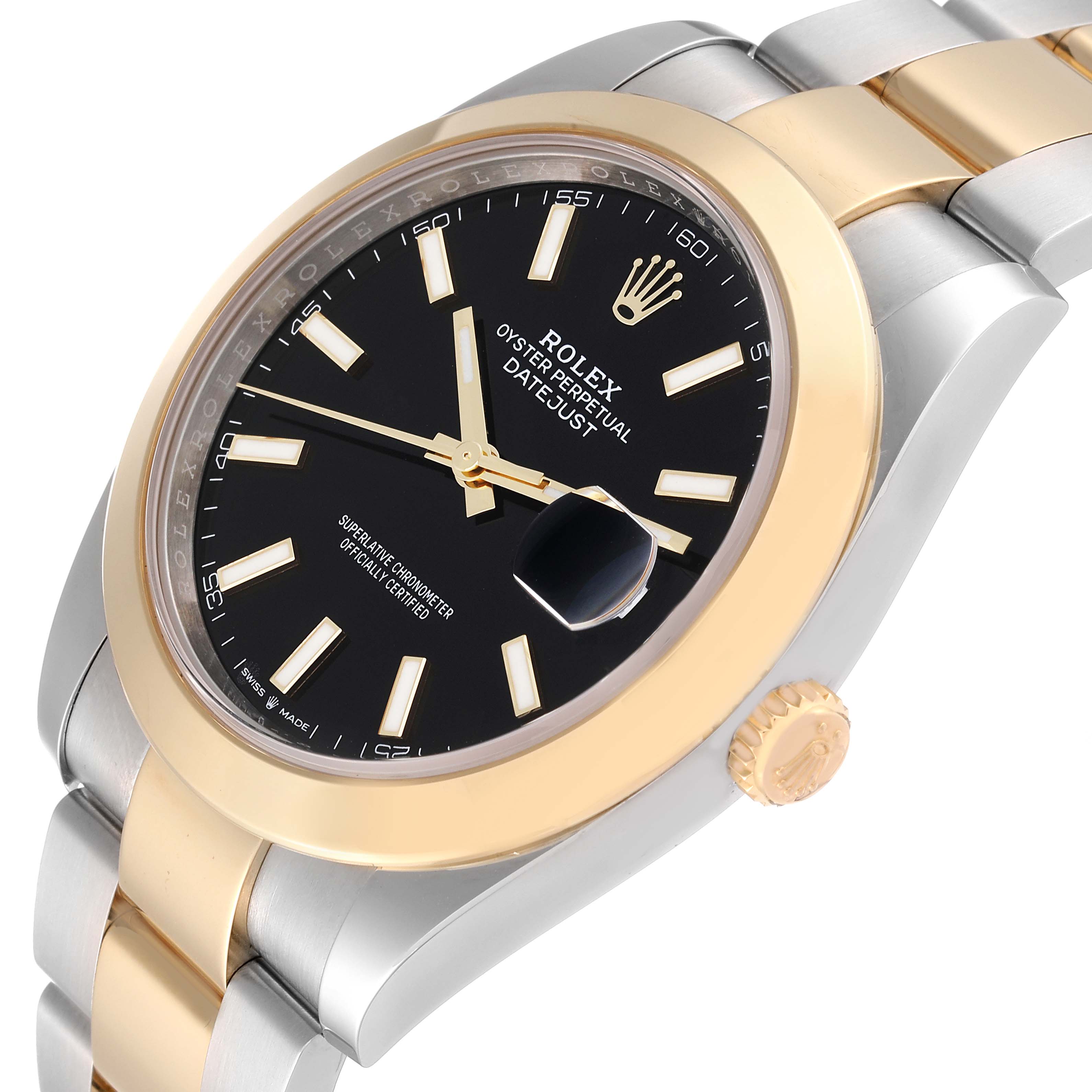 The image shows a Rolex Datejust 41 126303 Men's Steel and Gold (two tone) Black Dial 126303 Men's Steel and Gold (two tone) Black Dial watch at an angled close-up, highlighting its dial, bezel, crown, and part of the bracelet.