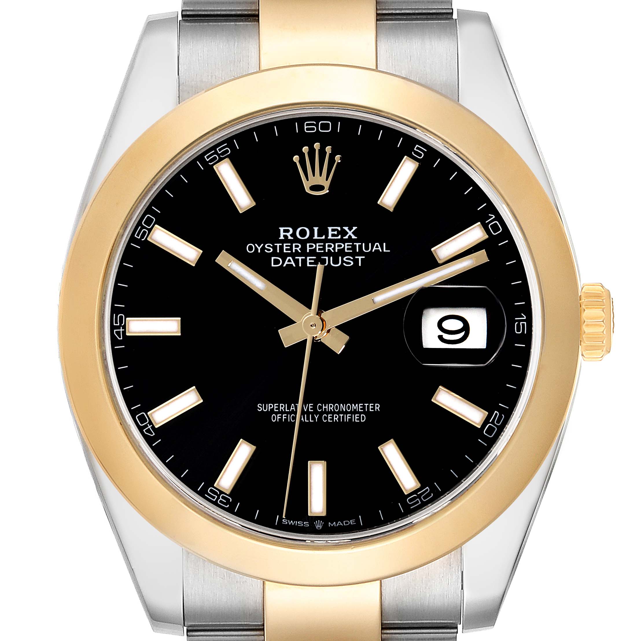 This image shows a Rolex Datejust 41 126303 Men's Steel and Gold (two tone) Black Dial 126303 Men's Steel and Gold (two tone) Black Dial watch from the front, highlighting its black dial, gold bezel, and two-tone bracelet.