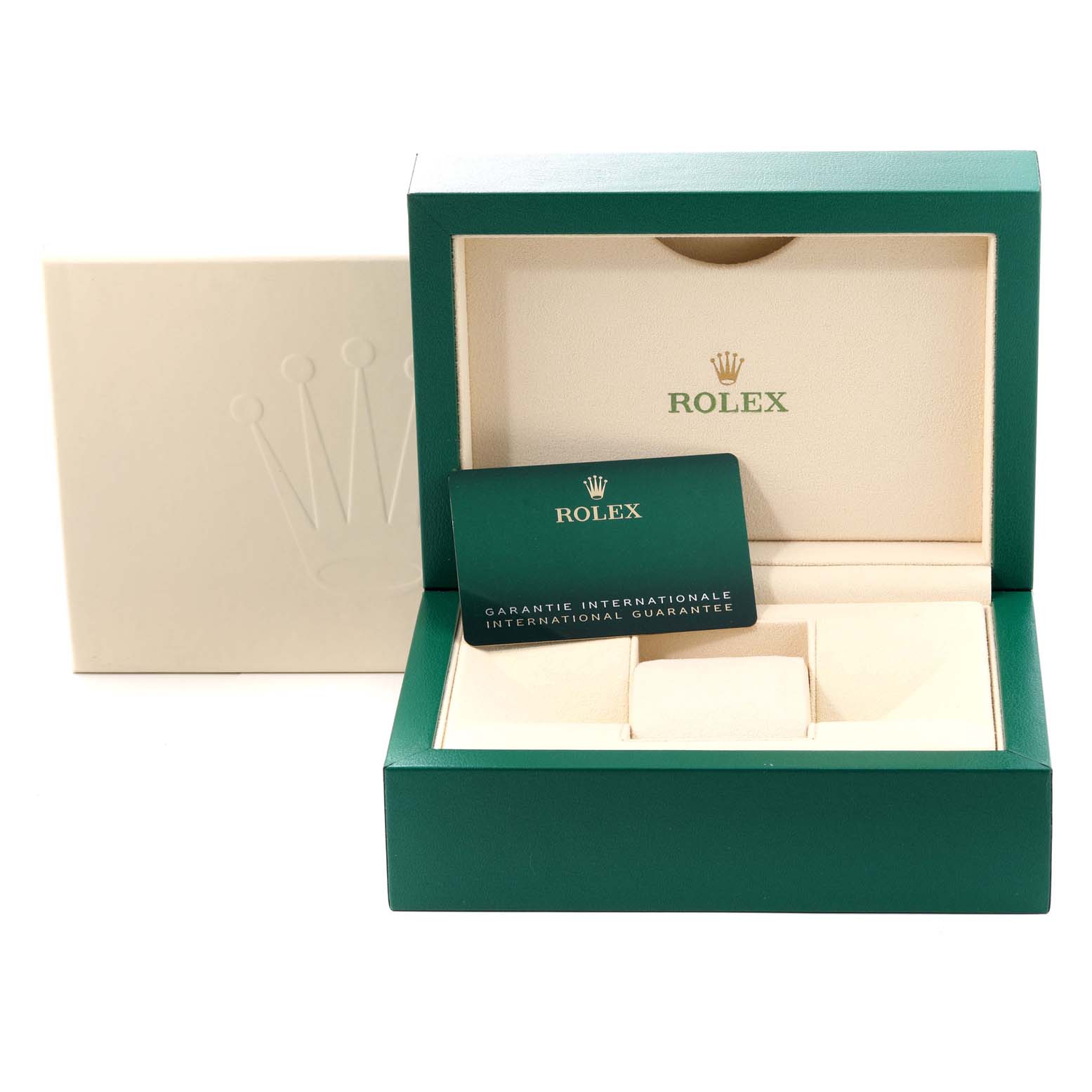 The image shows the open packaging box for the Rolex Datejust 41 126303 Men's Steel and Gold (two tone) Black Dial 126303 Men's Steel and Gold (two tone) Black Dial model with its international guarantee card inside.