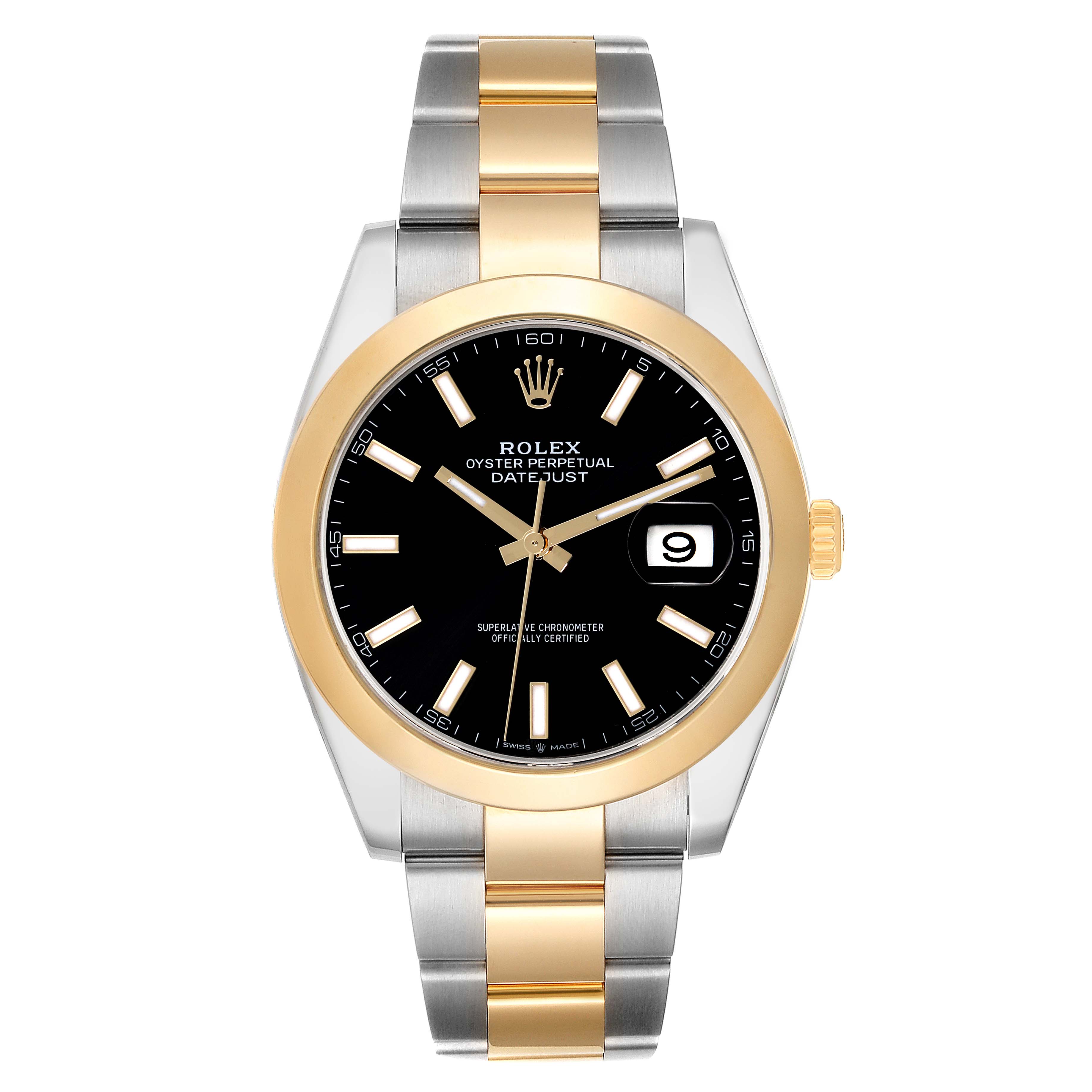 This image shows a Rolex Datejust 41 126303 Men's Steel and Gold (two tone) Black Dial 126303 Men's Steel and Gold (two tone) Black Dial watch from a front angle, displaying its black dial, two-tone bracelet, and date feature.