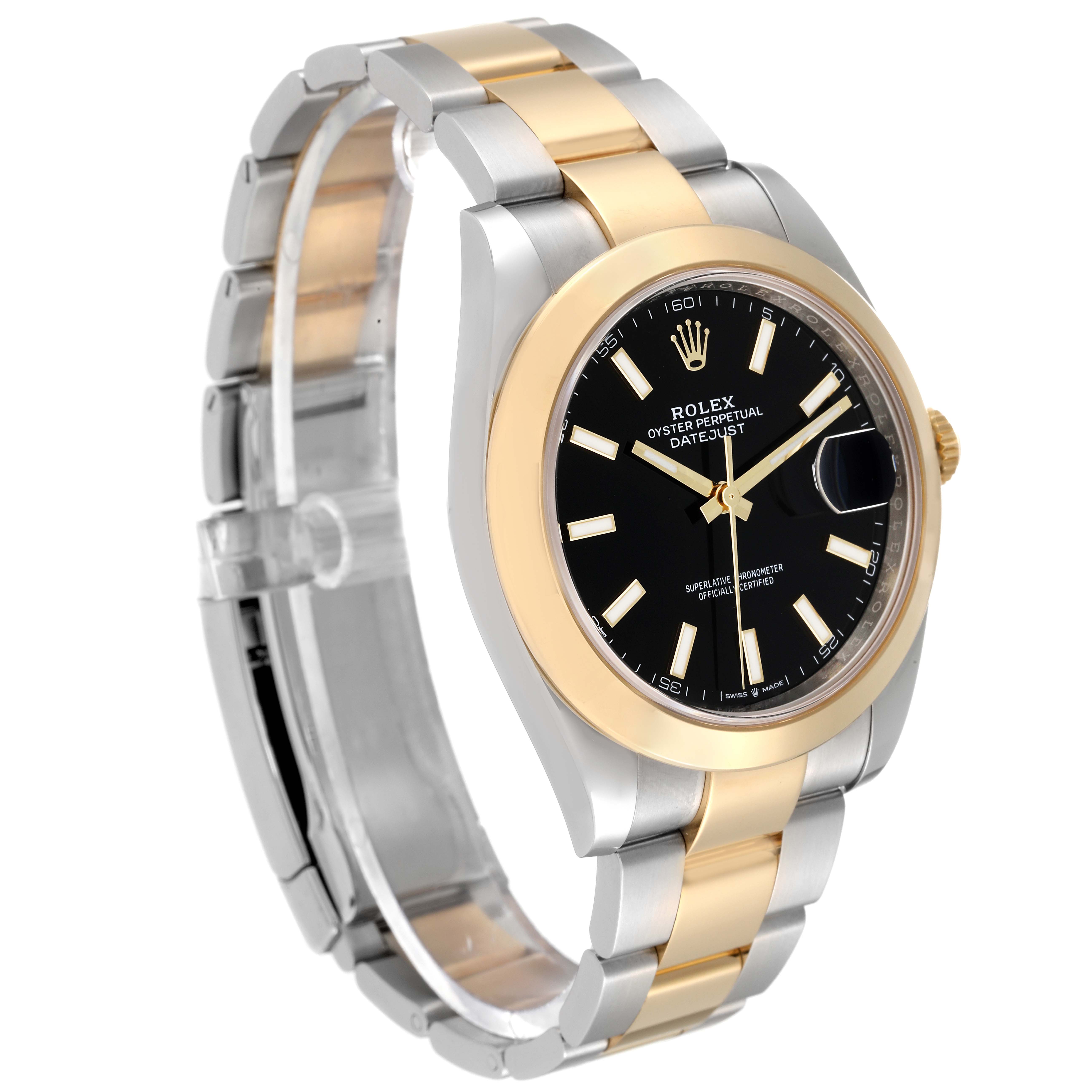 The image shows a side and front angled view of the Rolex Datejust 41 126303 Men's Steel and Gold (two tone) Black Dial 126303 Men's Steel and Gold (two tone) Black Dial watch, highlighting its black dial and two-tone bracelet.