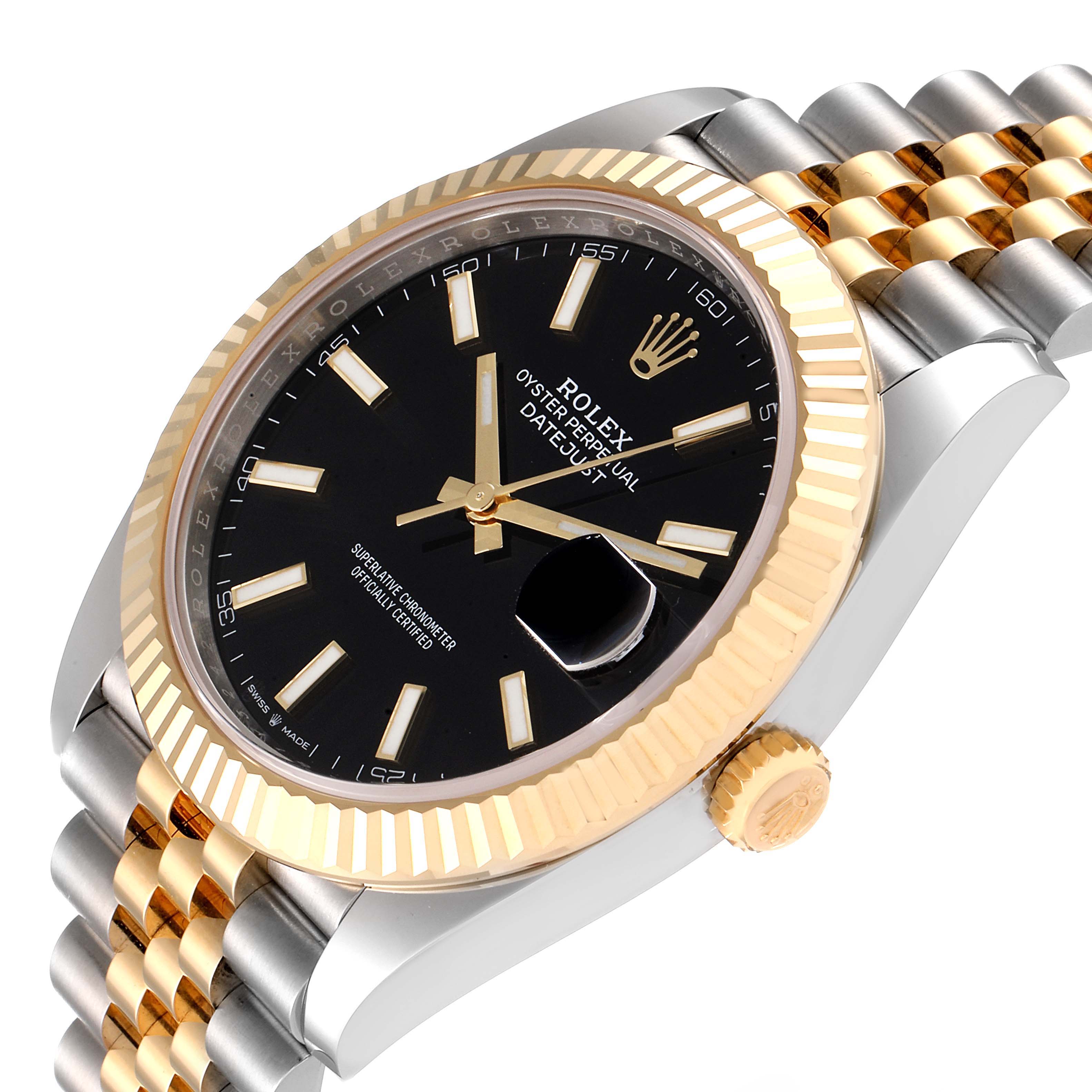 This image shows a Rolex Datejust 41 126333 Men's Steel and Gold (two tone) Black Dial 126333 Men's Steel and Gold (two tone) Black Dial watch at a three-quarter angle, highlighting its black dial, gold fluted bezel, and two-tone bracelet.