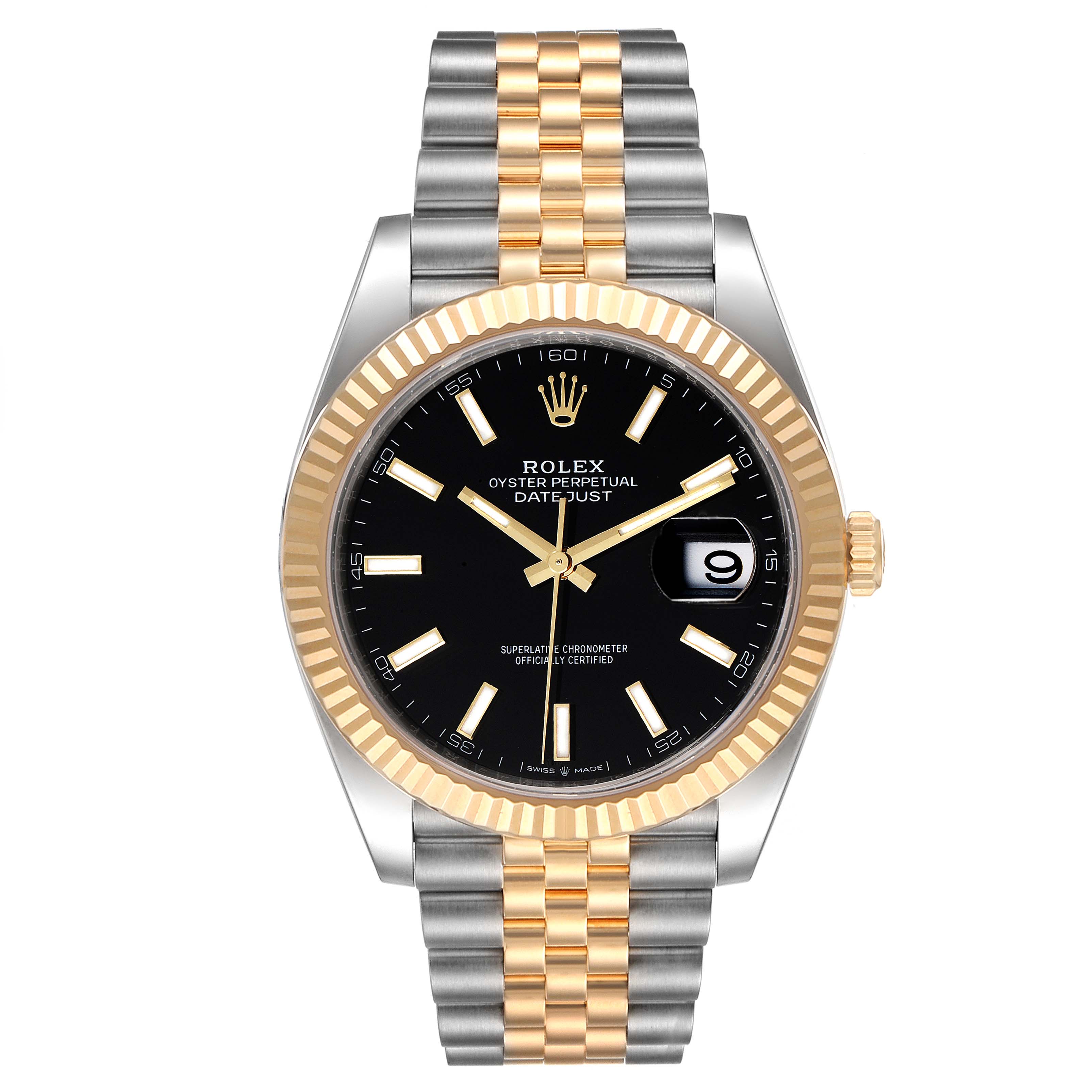 The image shows a frontal view of the Rolex Datejust 41 126333 Men's Steel and Gold (two tone) Black Dial 126333 Men's Steel and Gold (two tone) Black Dial watch, revealing the dial, fluted bezel, crown, and two-tone Jubilee bracelet.