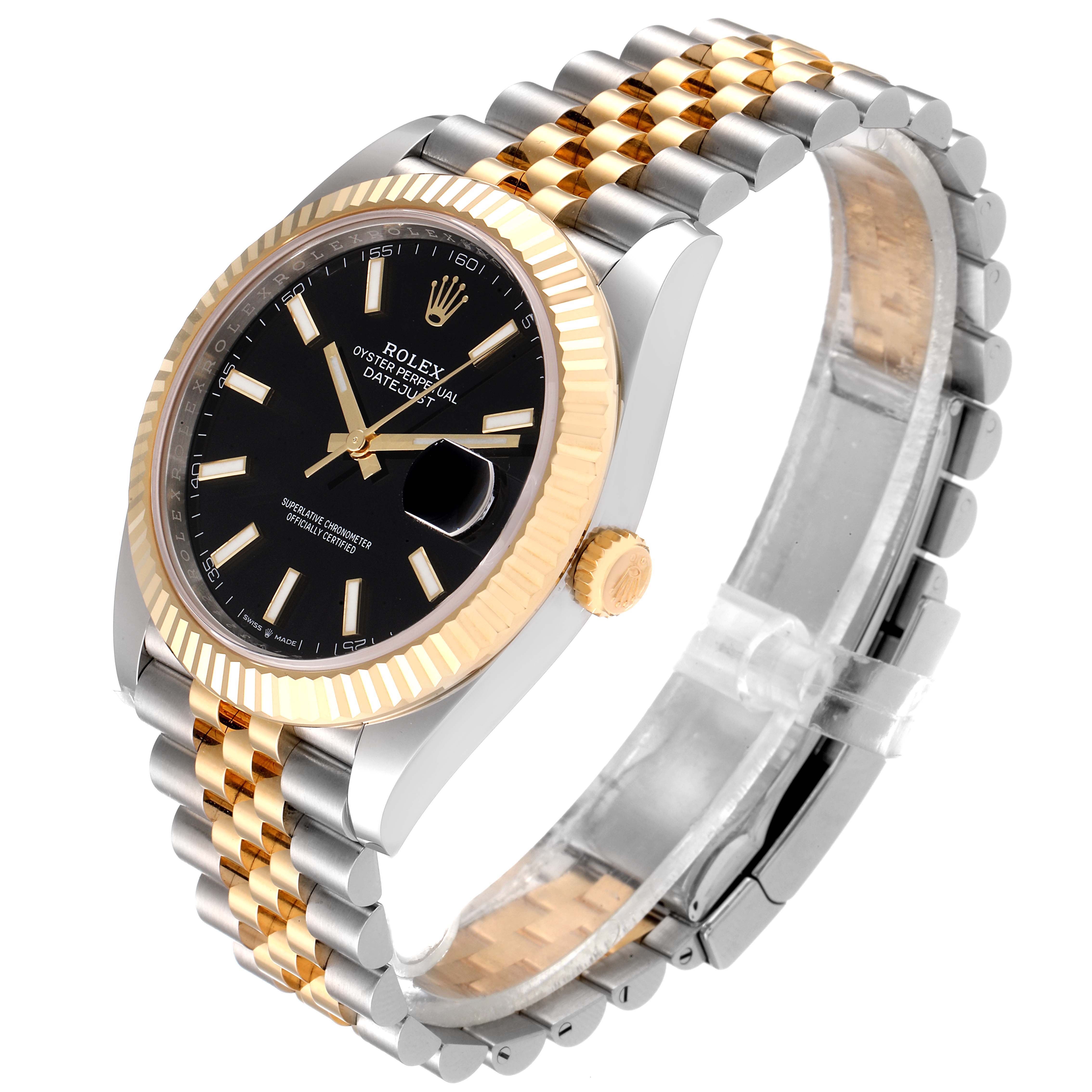 The Rolex Datejust 41 126333 Men's Steel and Gold (two tone) Black Dial 126333 Men's Steel and Gold (two tone) Black Dial watch is shown at an angled view, displaying its black dial, fluted gold bezel, and two-tone Jubilee bracelet.
