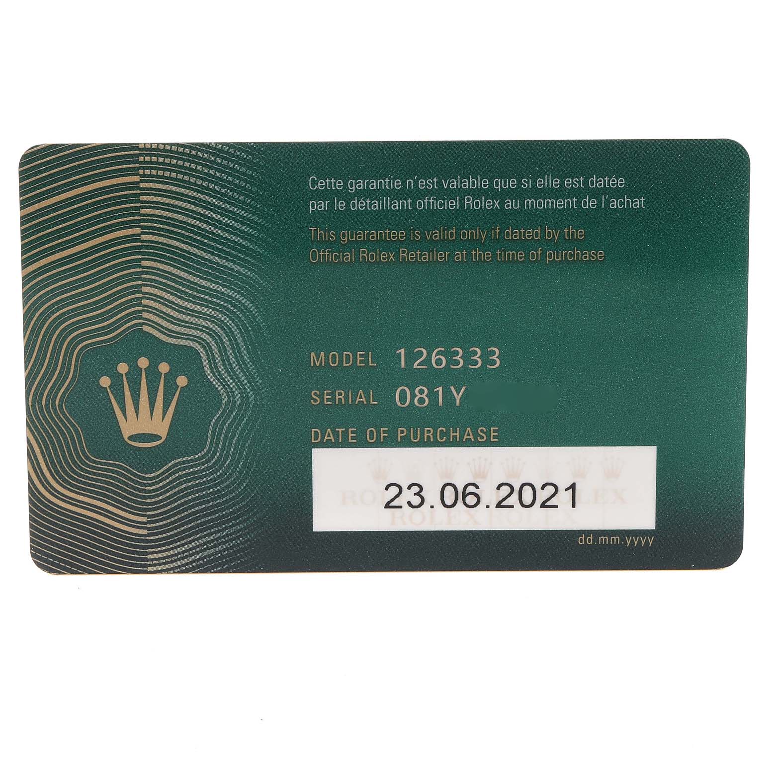 This image shows a Rolex Datejust 41 126333 Men's Steel and Gold (two tone) Black Dial 126333 Men's Steel and Gold (two tone) Black Dial model warranty card displaying the model and serial number, and date of purchase.