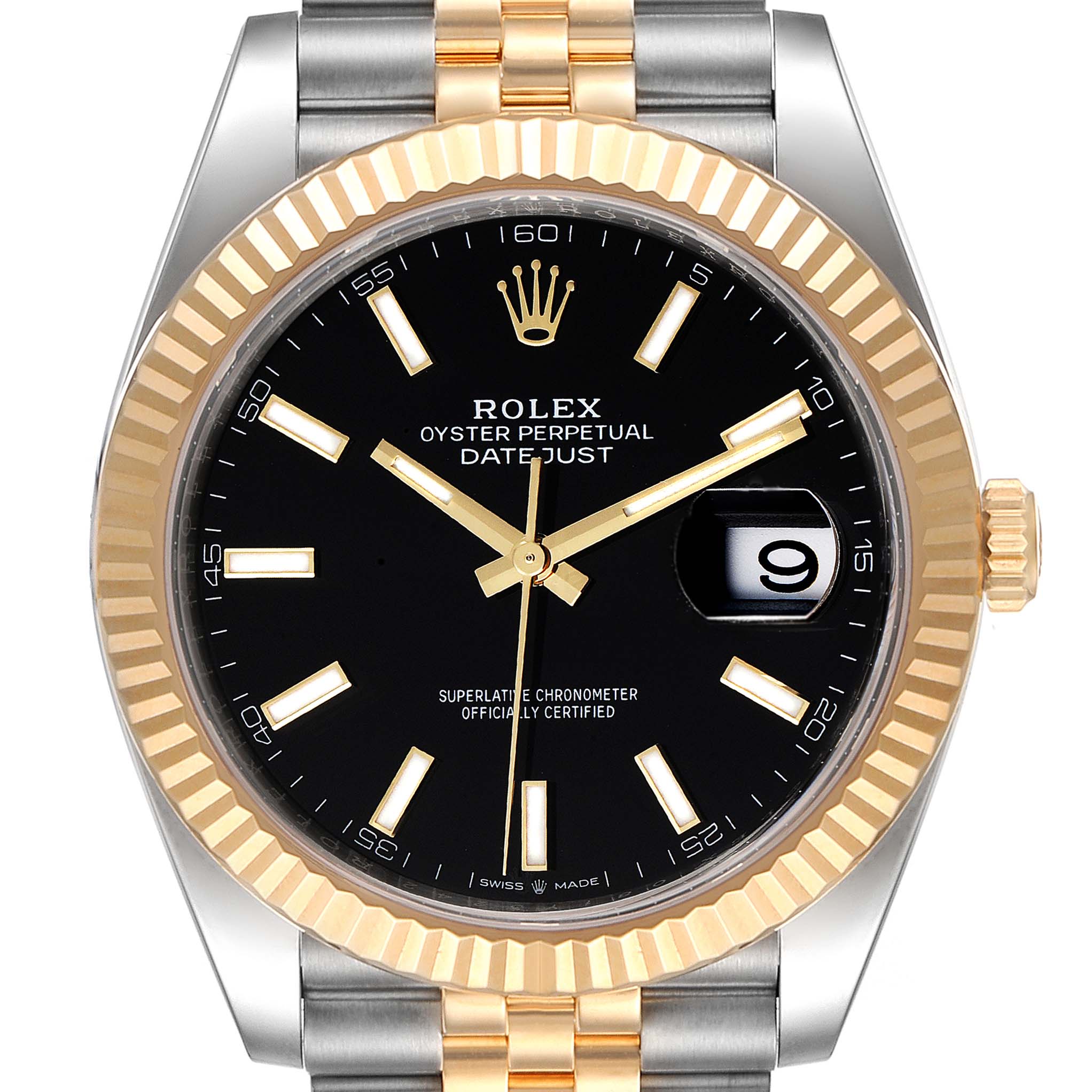 This image shows a front view of a Rolex Datejust 41 126333 Men's Steel and Gold (two tone) Black Dial 126333 Men's Steel and Gold (two tone) Black Dial watch featuring a black dial, fluted gold bezel, and two-tone metal bracelet.