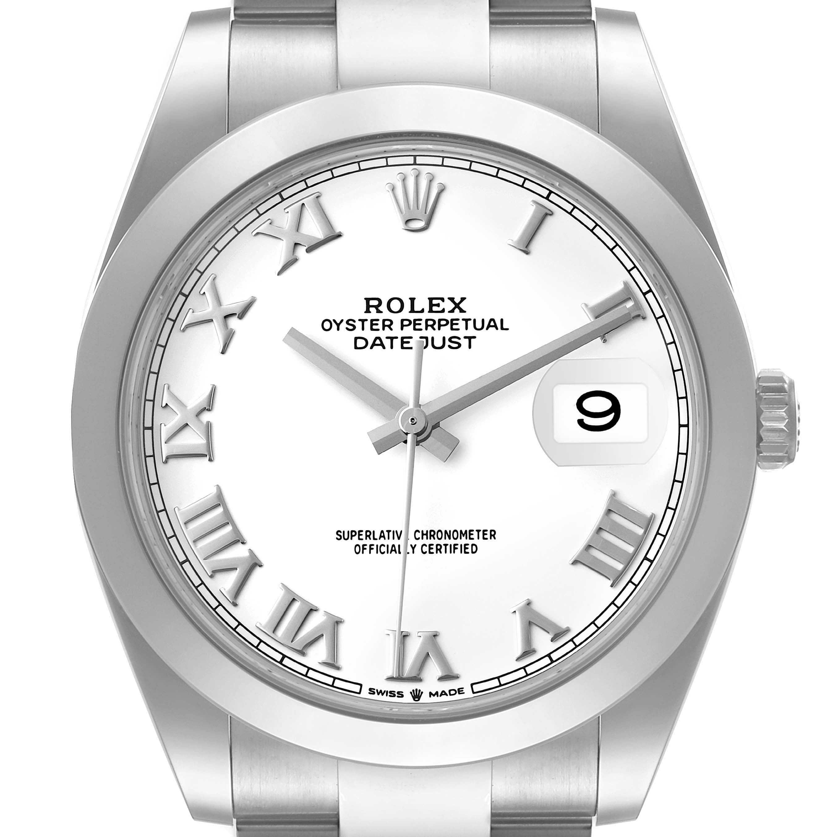 The image shows a front view of the Rolex Datejust 41 126300 Men's Stainless Steel White Dial 126300 Men's Stainless Steel White Dial watch, highlighting its face, bezel, and part of the bracelet.