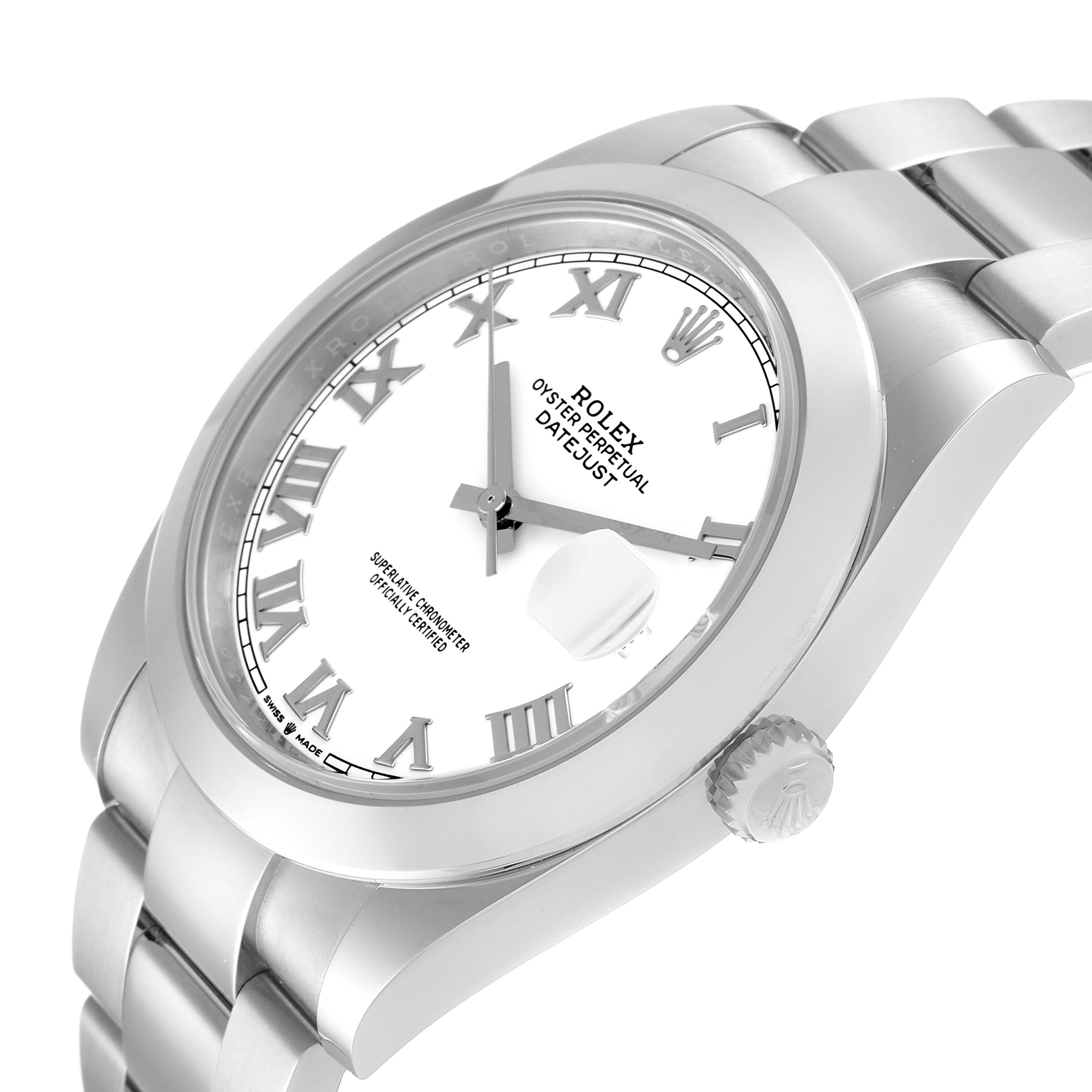 This image shows a close-up of the Rolex Datejust 41 126300 Men's Stainless Steel White Dial 126300 Men's Stainless Steel White Dial watch, emphasizing its face, crown, and bracelet from an angled perspective.