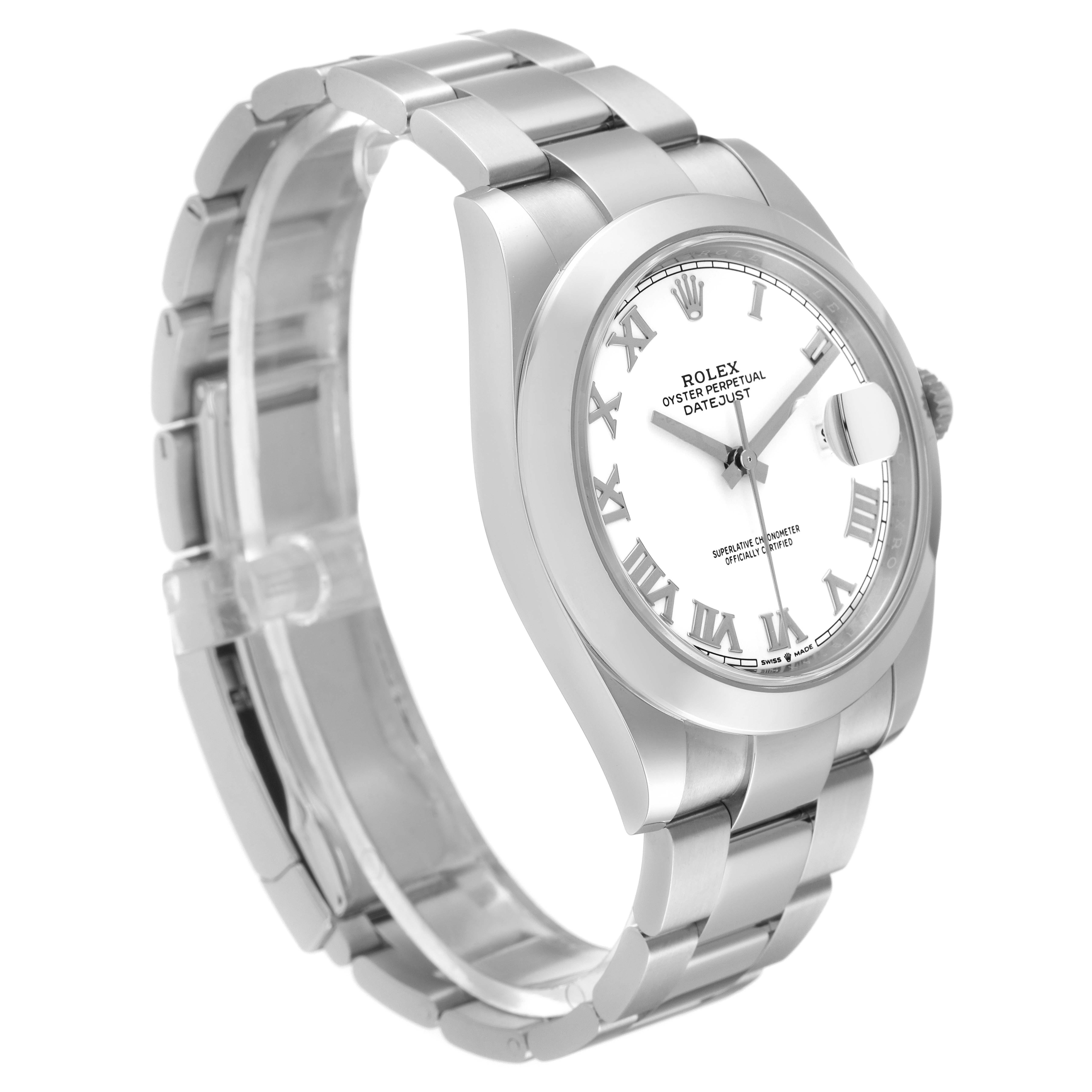 The image shows a Rolex Datejust 41 126300 Men's Stainless Steel White Dial 126300 Men's Stainless Steel White Dial watch at a three-quarter angle, highlighting the case, dial, and bracelet.