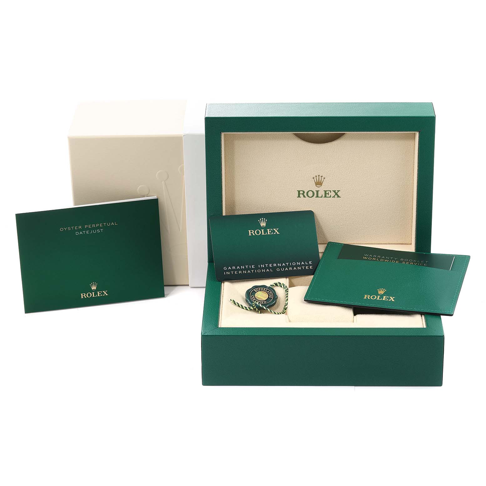 The image shows the box, booklets, and certification cards for a Rolex Datejust 41 126300 Men's Stainless Steel White Dial 126300 Men's Stainless Steel White Dial model, viewed from the front.