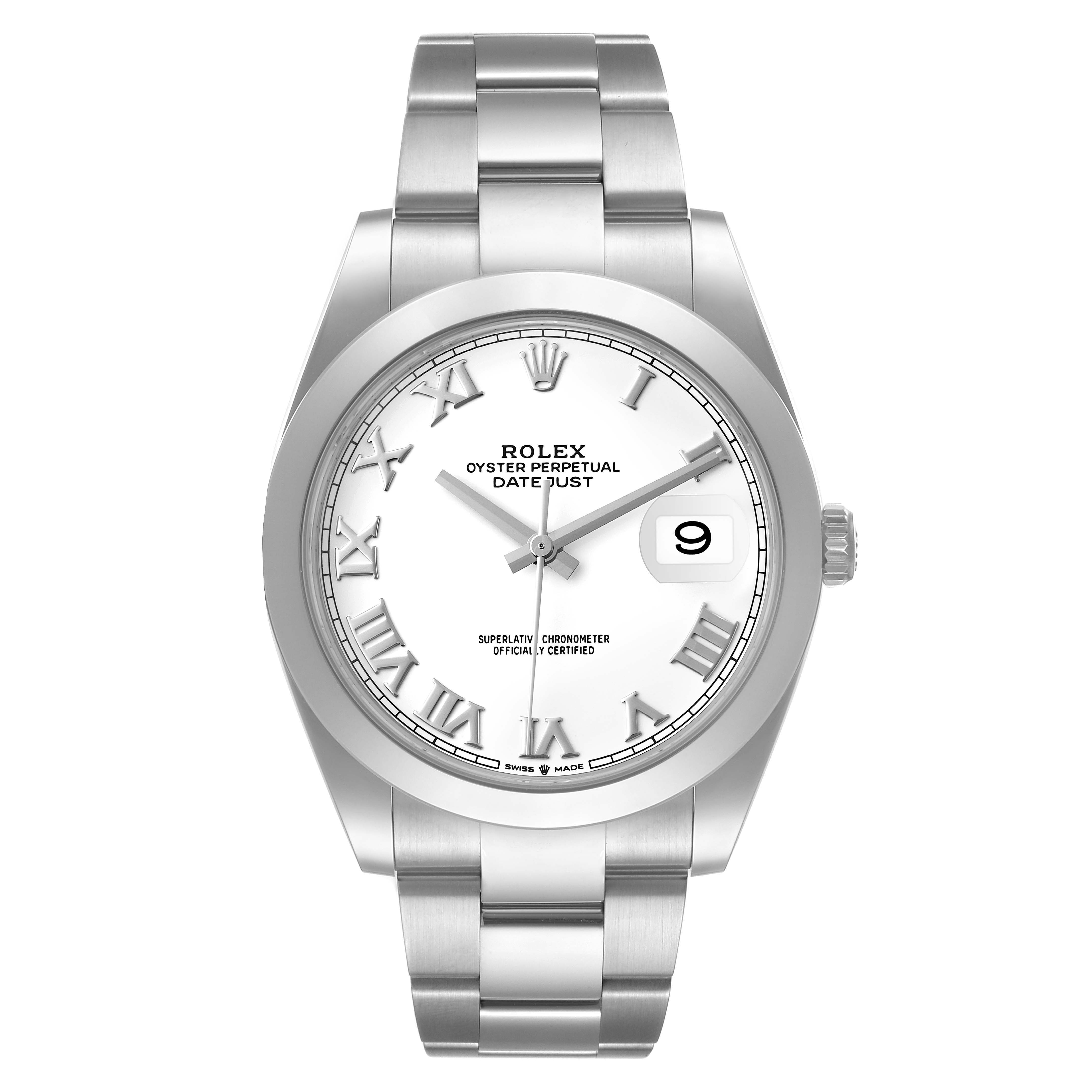 This image shows a front view of the Rolex Datejust 41 126300 Men's Stainless Steel White Dial 126300 Men's Stainless Steel White Dial watch, highlighting its stainless steel bracelet, white dial, and date window.