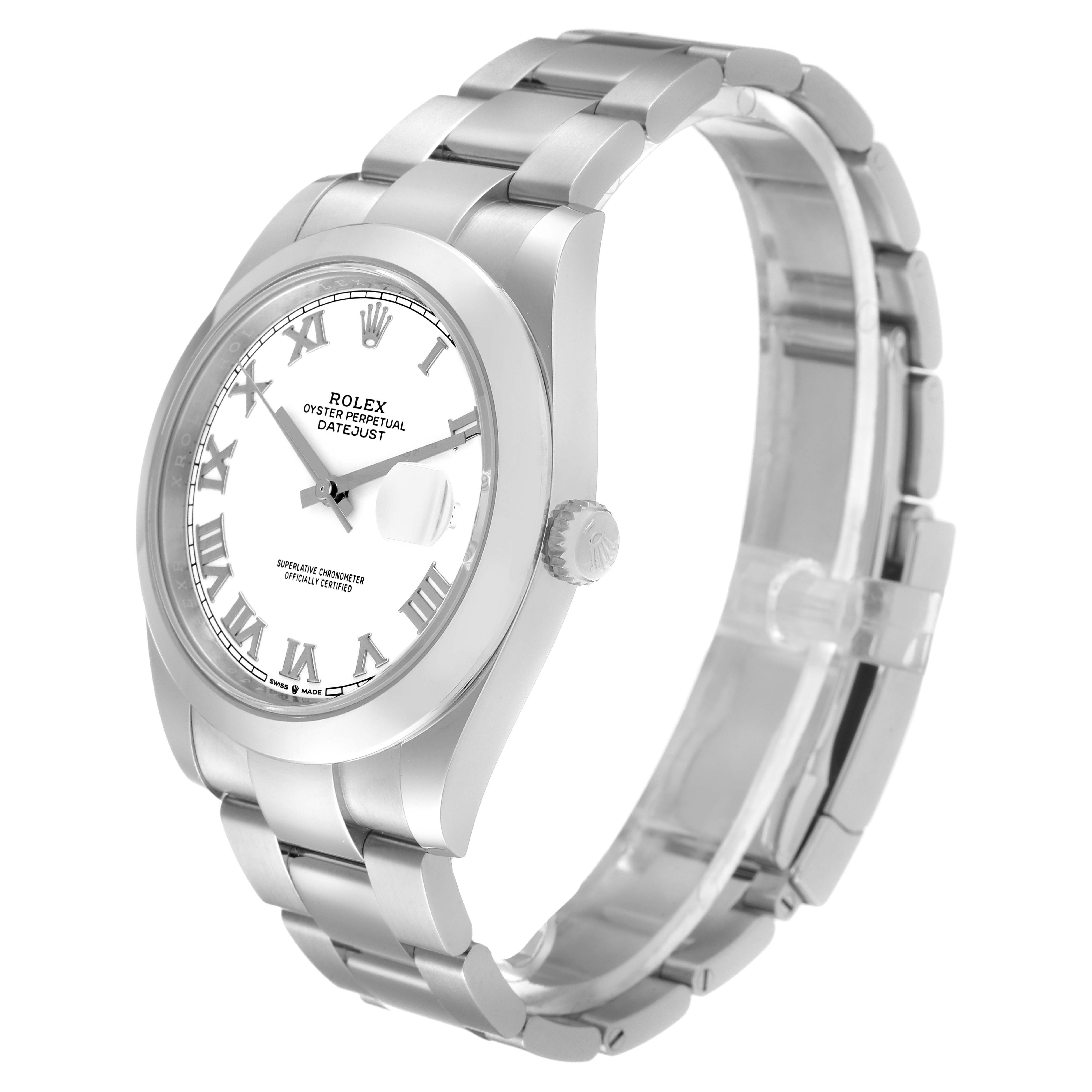 The image shows a Rolex Datejust 41 126300 Men's Stainless Steel White Dial 126300 Men's Stainless Steel White Dial watch at a three-quarter angle, highlighting its dial, bracelet, and crown.