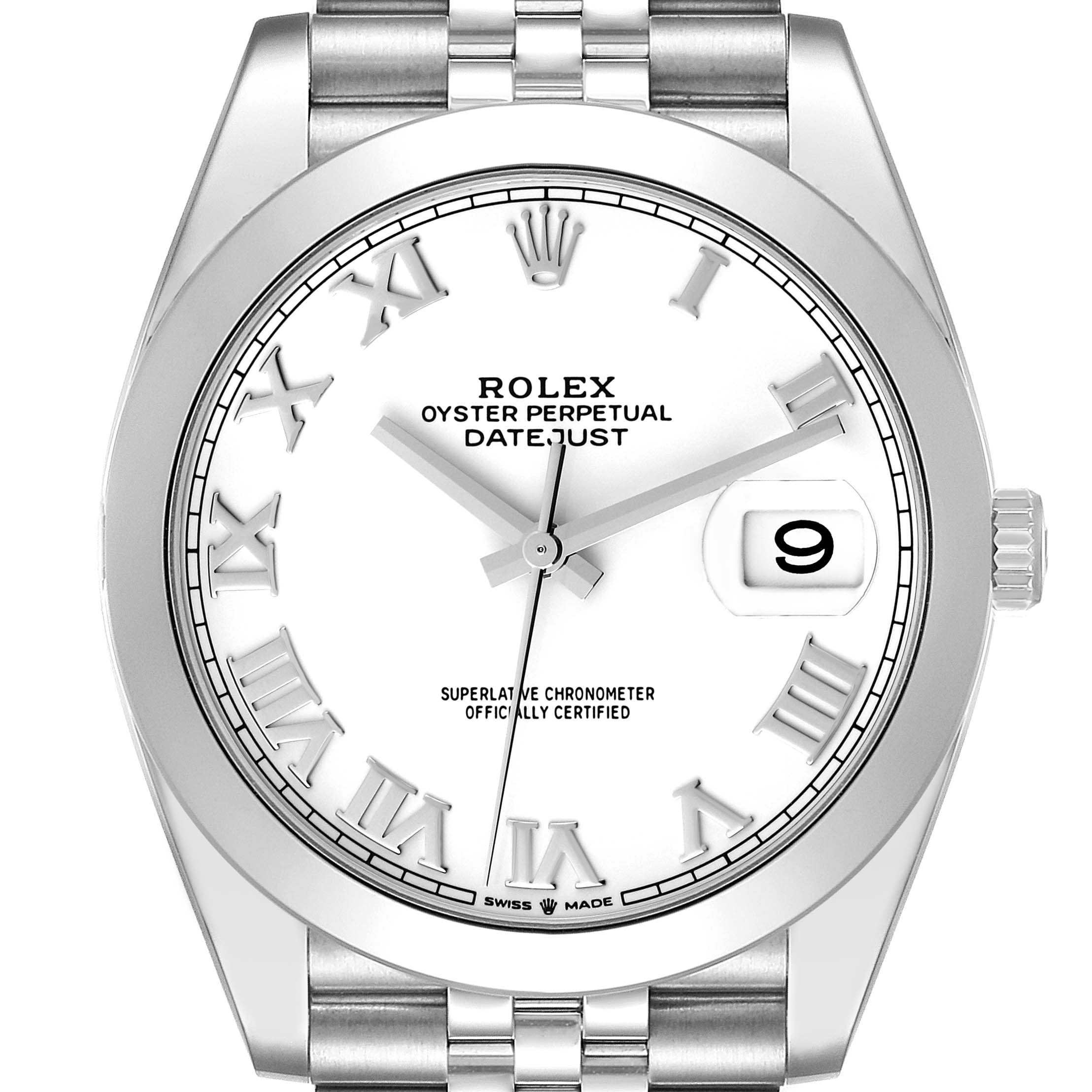 The image shows the front view of the Rolex Datejust 41 126300 Men
s Stainless Steel White Dial 126300 Men
s Stainless Steel White Dial watch, highlighting its dial, hands, date window, and part of the bracelet.