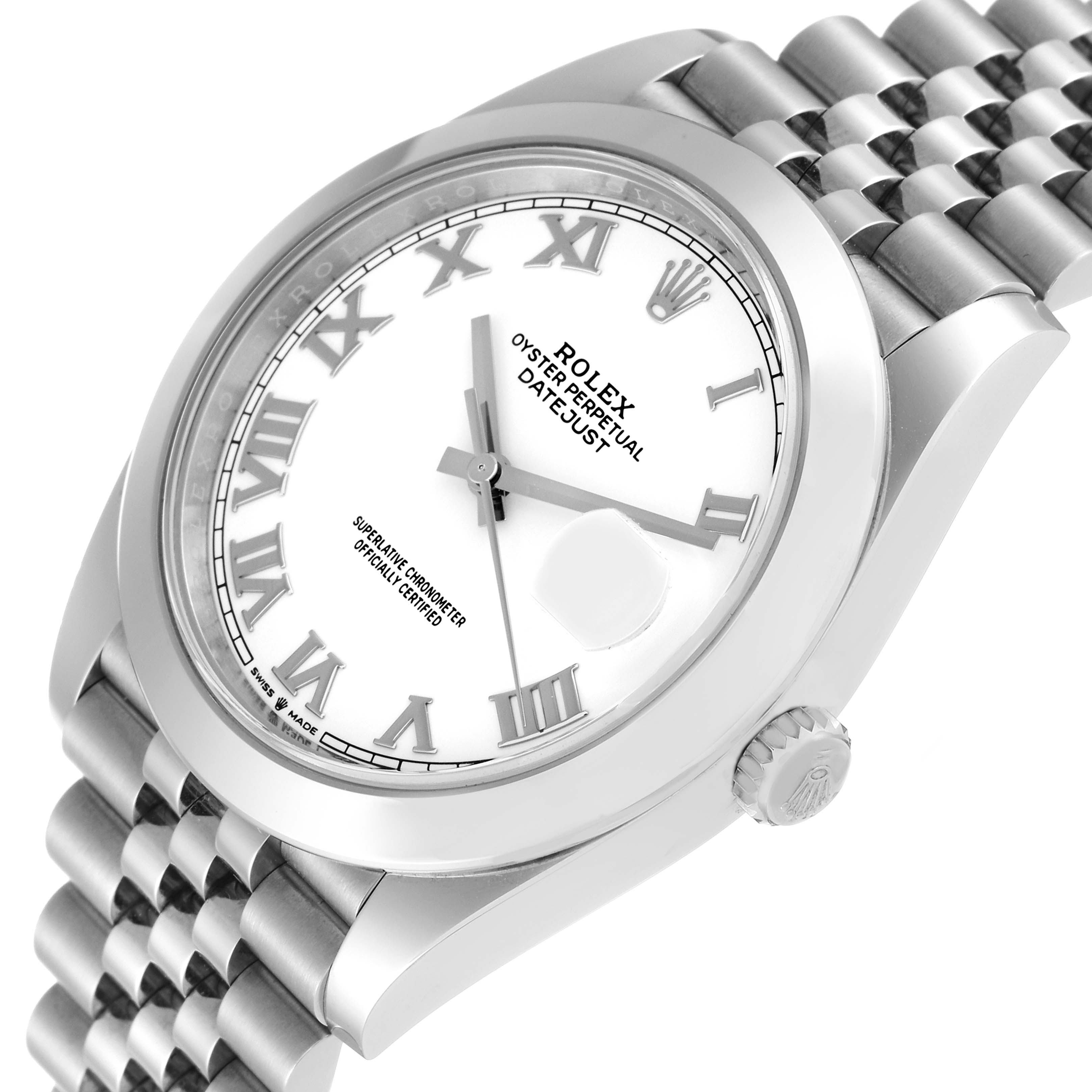 The image shows a Rolex Datejust 41 126300 Men
s Stainless Steel White Dial 126300 Men
s Stainless Steel White Dial watch from an angled top view highlighting the face, bezel, and a portion of the bracelet.