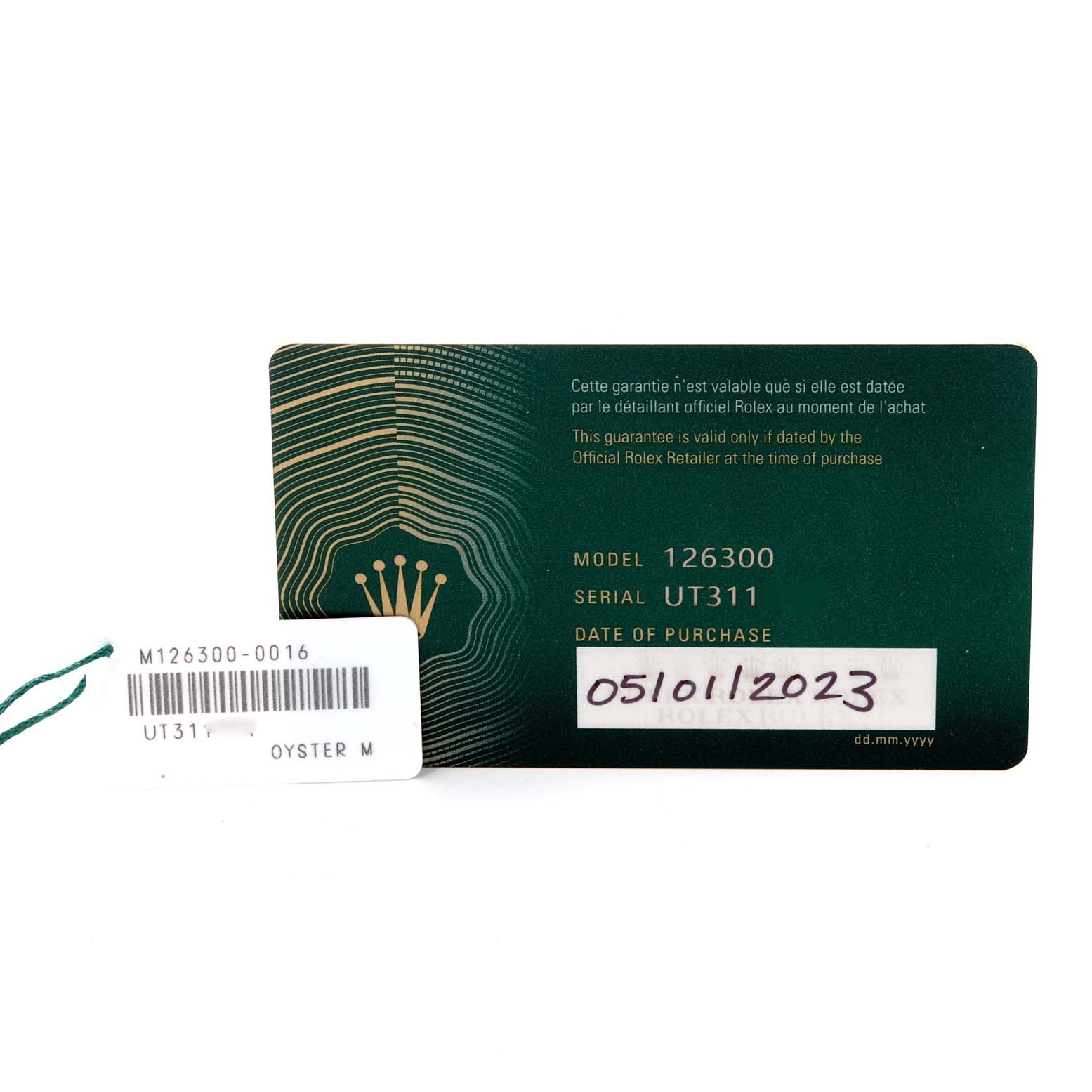 The image shows the warranty card and tag for the Rolex Datejust 41 126300 Men
s Stainless Steel White Dial 126300 Men
s Stainless Steel White Dial model.