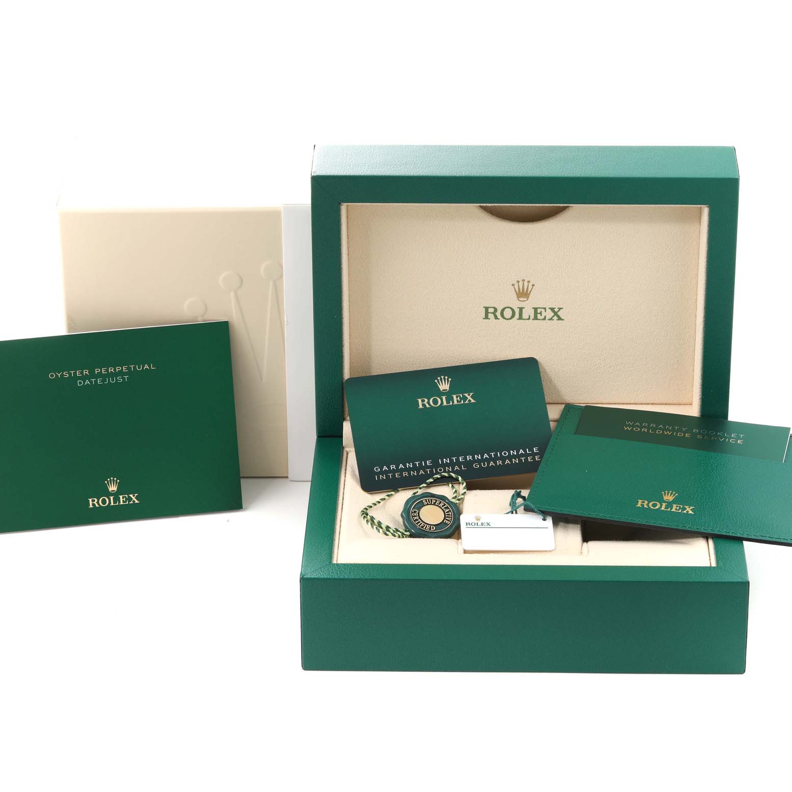 The image shows the packaging, warranty card, booklet, and tags for a Rolex Datejust 41 126300 Men
s Stainless Steel White Dial 126300 Men
s Stainless Steel White Dial watch.