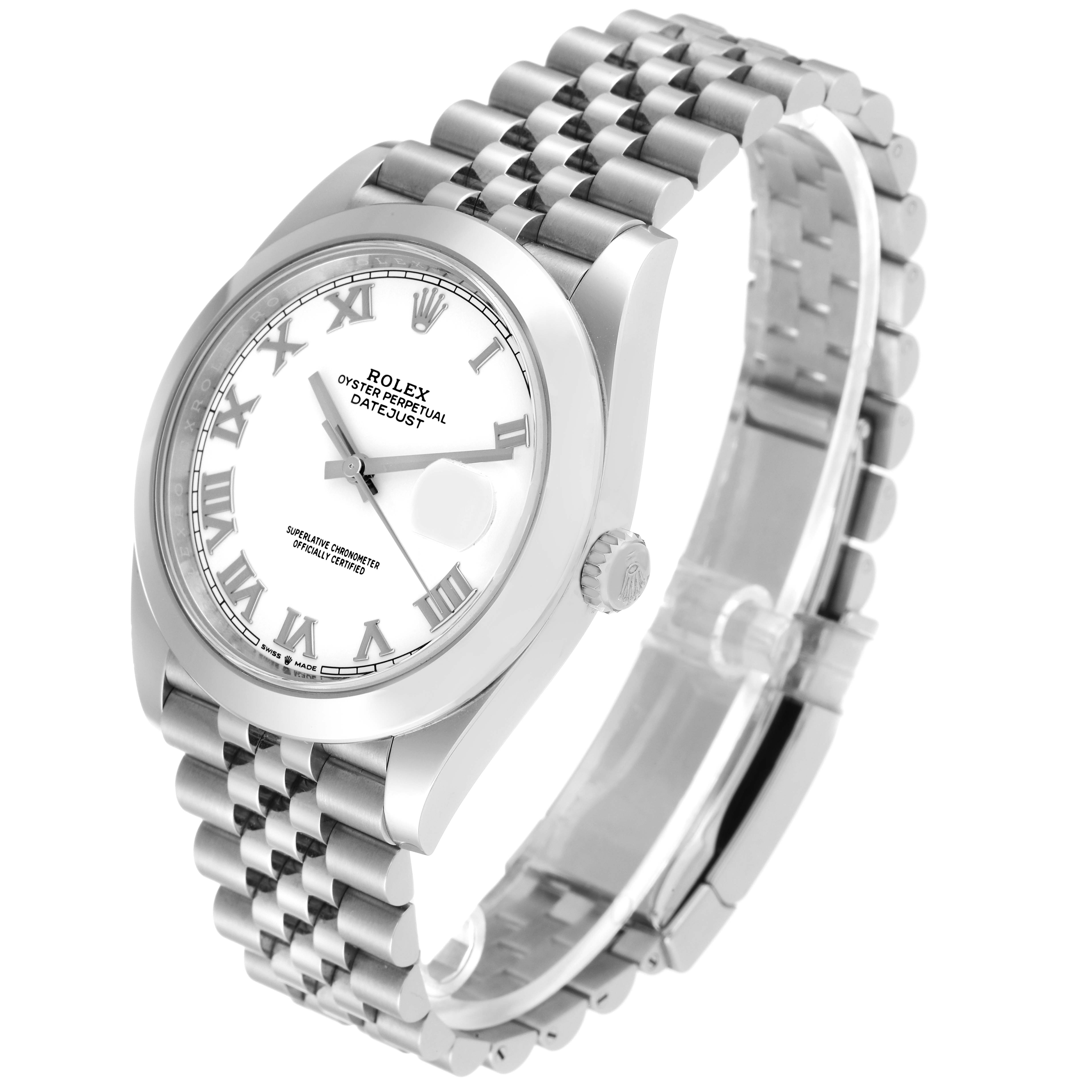 This image shows a side angle of a Rolex Datejust 41 126300 Men
s Stainless Steel White Dial 126300 Men
s Stainless Steel White Dial watch showcasing its face, crown, and Jubilee bracelet.