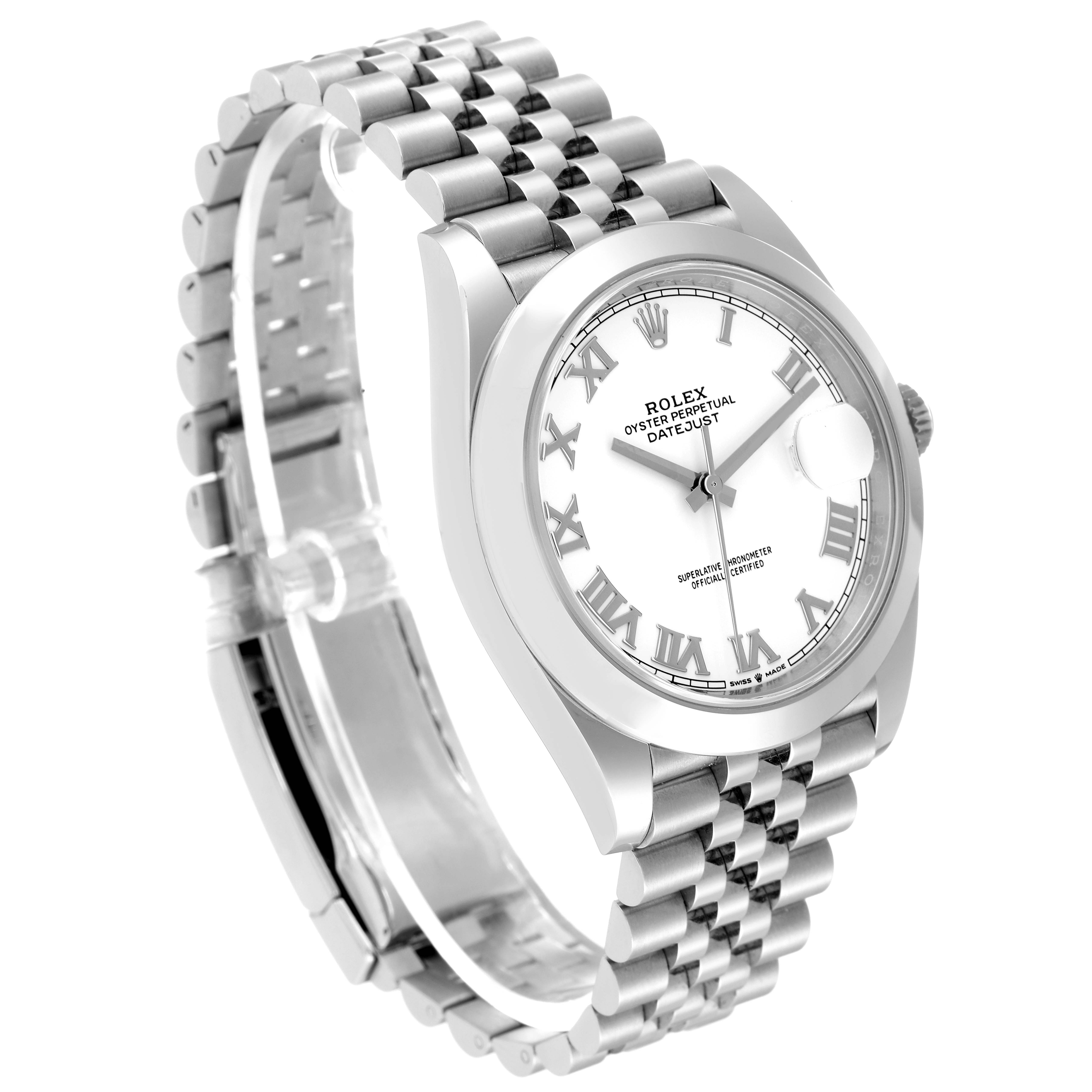 The image shows a side angle of the Rolex Datejust 41 126300 Men
s Stainless Steel White Dial 126300 Men
s Stainless Steel White Dial watch, highlighting its face, bezel, and bracelet with a clasp.