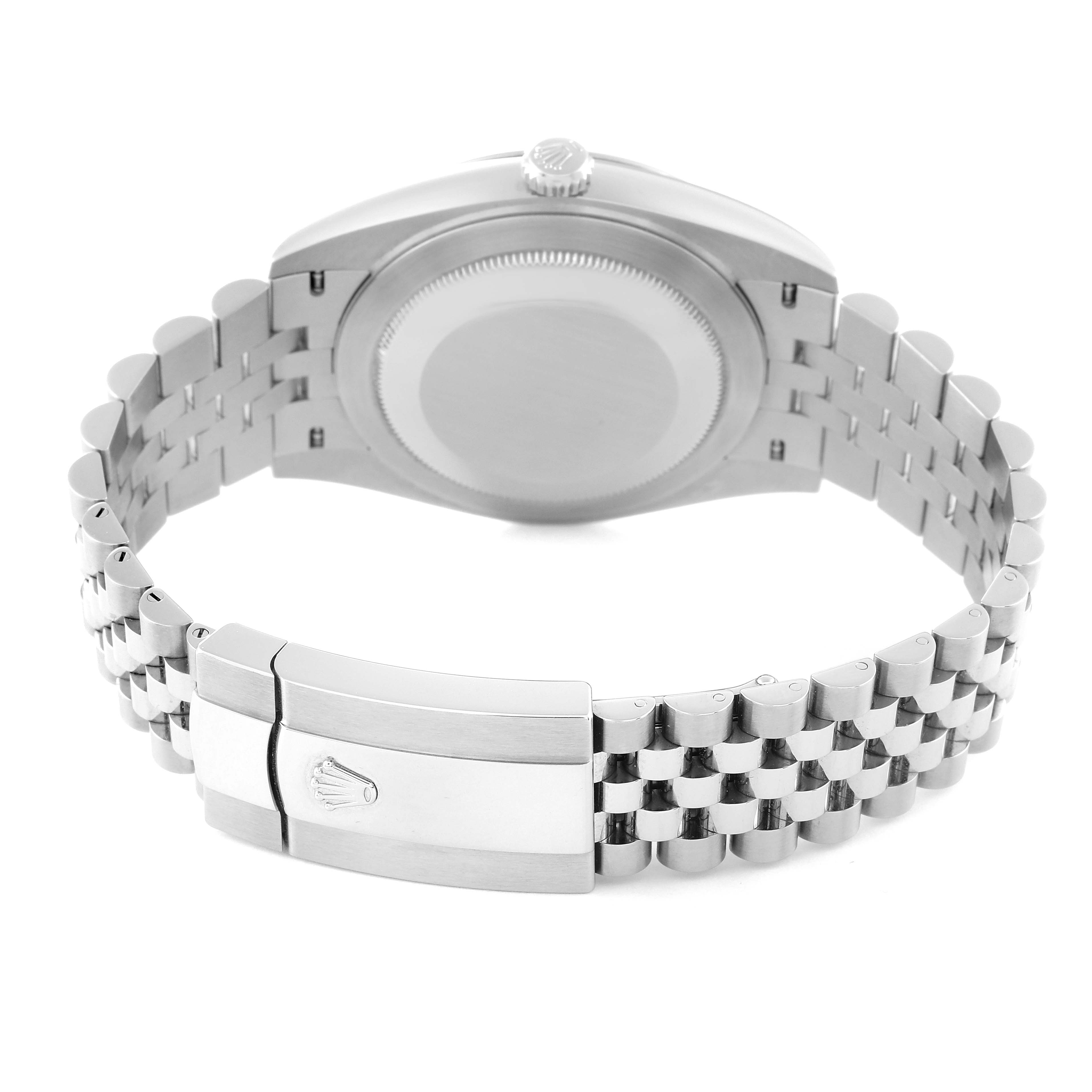 This image shows the back case and bracelet clasp of a Rolex Datejust 41 126300 Men
s Stainless Steel White Dial 126300 Men
s Stainless Steel White Dial watch from a rear angle.