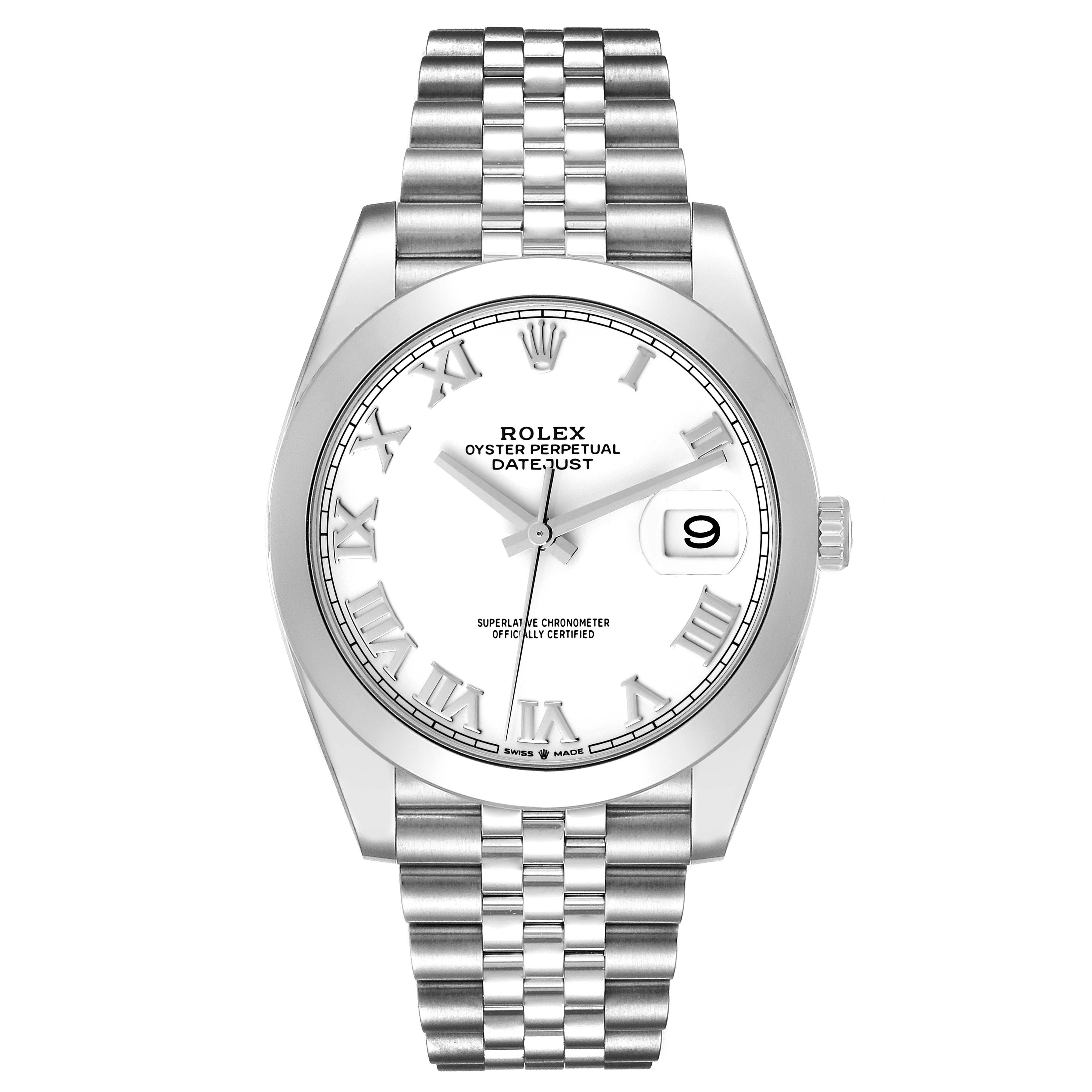 This image shows a front view of the Rolex Datejust 41 126300 Men
s Stainless Steel White Dial 126300 Men
s Stainless Steel White Dial watch, displaying the dial, hands, crown, and bracelet.