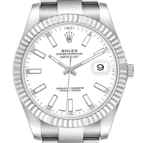 The Rolex Datejust 41 116334 Men's Stainless Steel White Dial watch is shown from the front, highlighting the dial, bezel, and part of the bracelet.