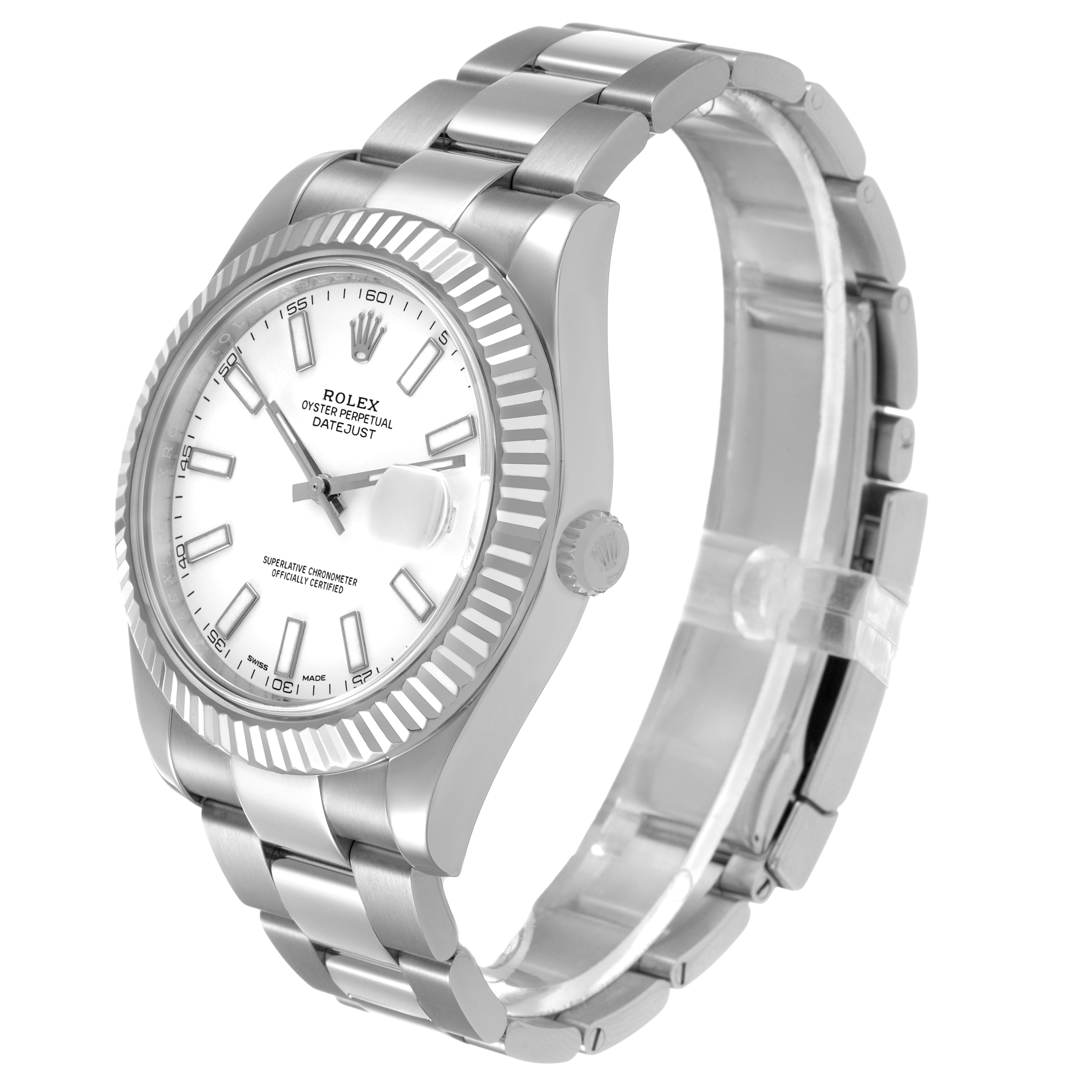 The Rolex Datejust 41 116334 Men's Stainless Steel White Dial watch is shown at a three-quarter angle, highlighting the face, fluted bezel, and bracelet.