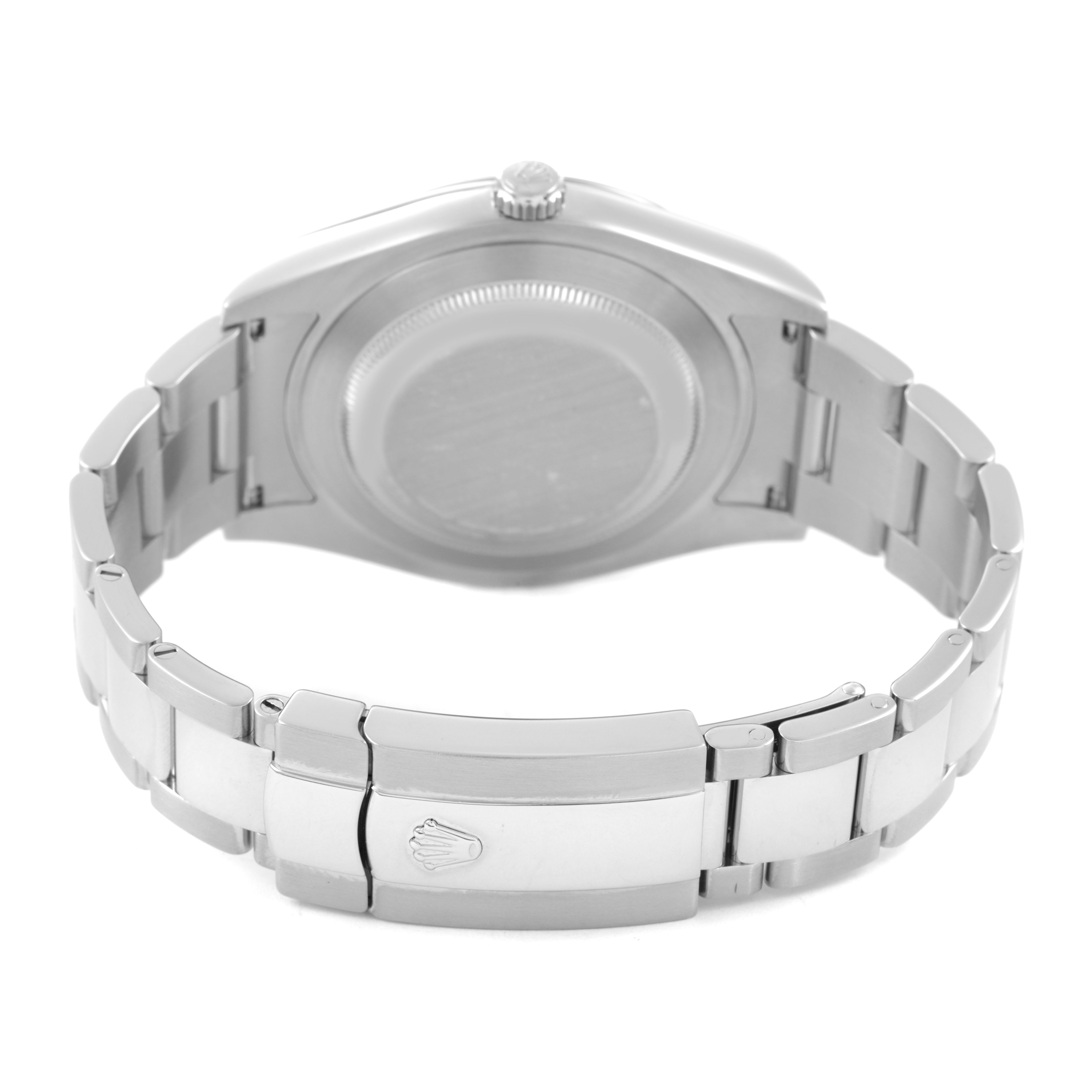 The image shows the back of a Rolex Datejust 41 116334 Men's Stainless Steel White Dial, focusing on the clasp and bracelet, viewed from a rear angle.