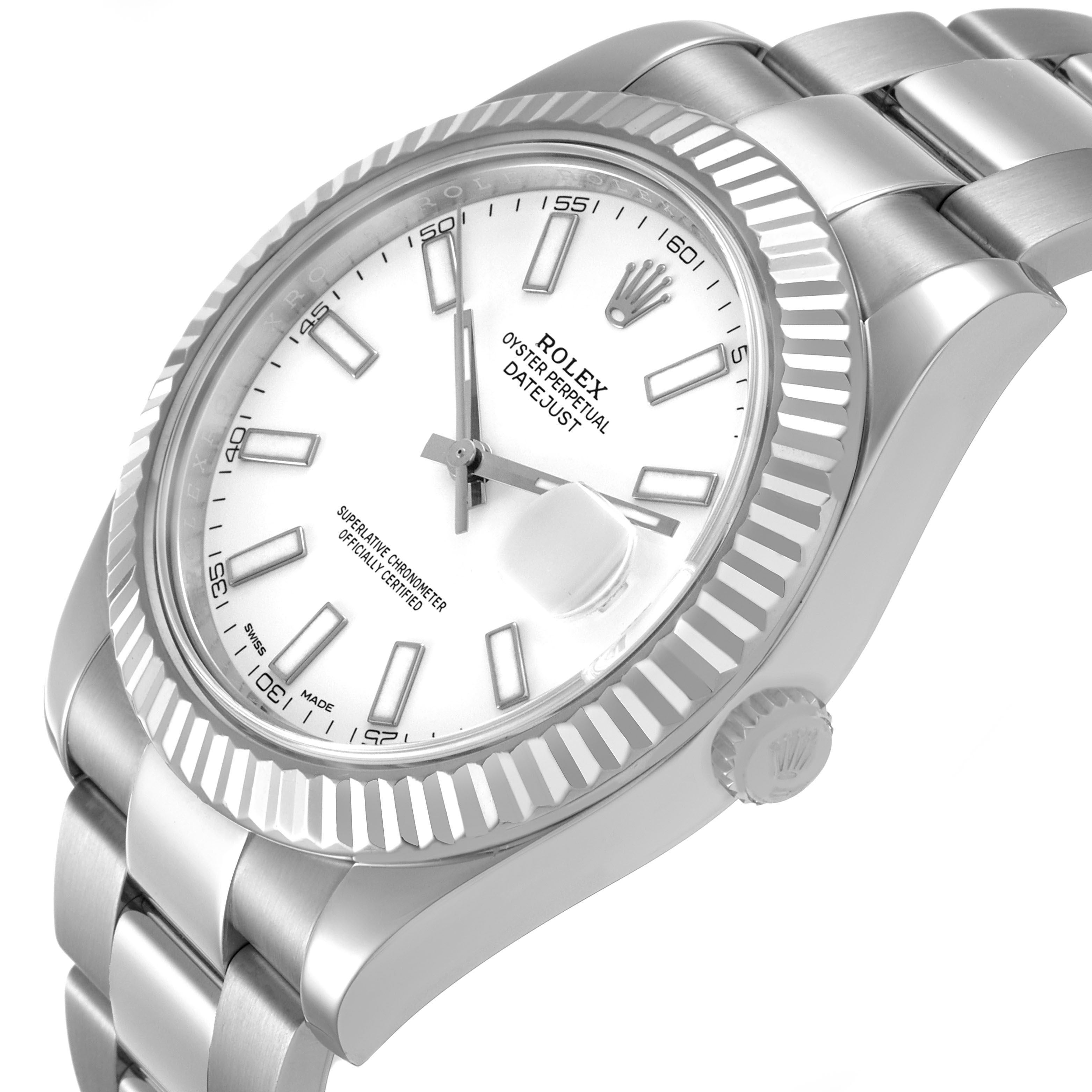 The Rolex Datejust 41 116334 Men's Stainless Steel White Dial is shown from a three-quarter angle, highlighting the face, fluted bezel, crown, and bracelet.