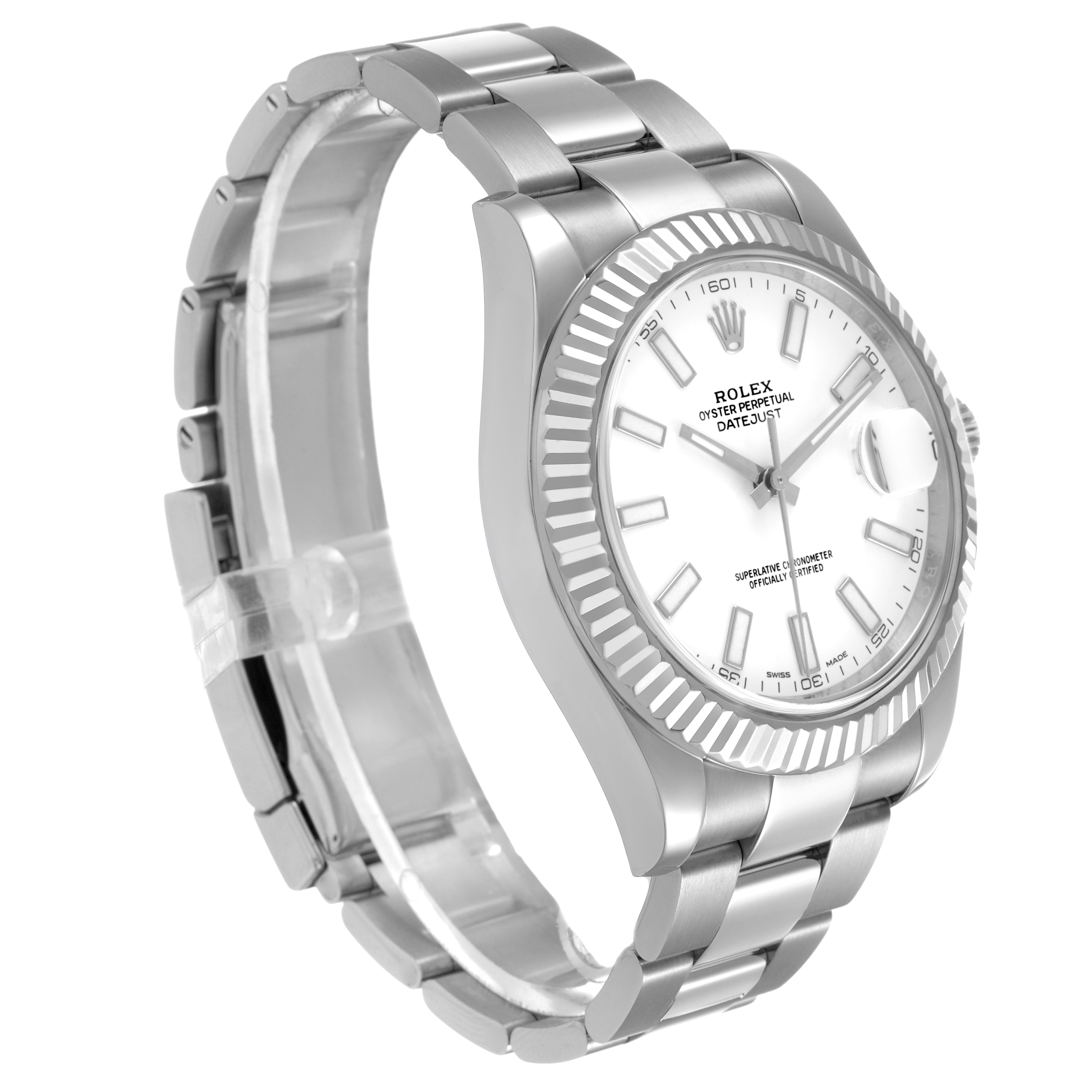 The Rolex Datejust 41 116334 Men's Stainless Steel White Dial watch is shown at an angled side view, displaying its dial, fluted bezel, and metal bracelet.