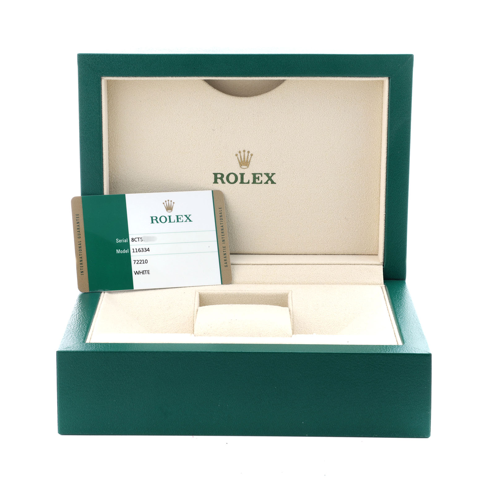 The image shows the open box and authenticity card for the Rolex Datejust 41 116334 Men's Stainless Steel White Dial watch.