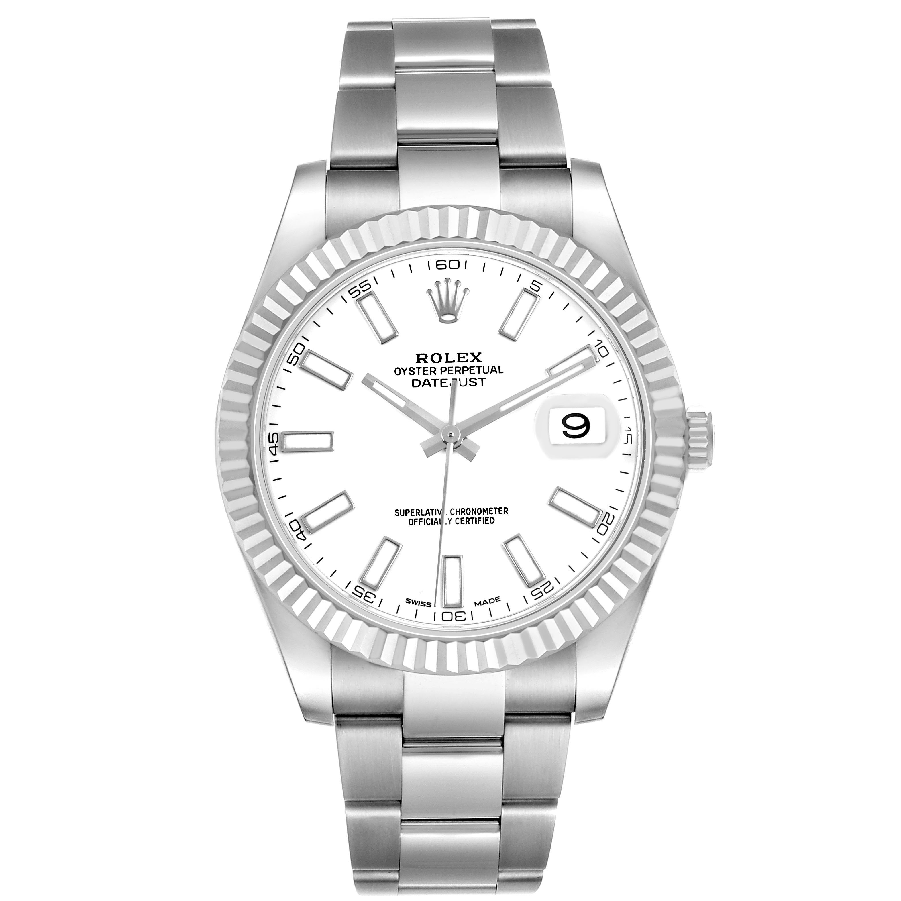 The Rolex Datejust 41 116334 Men's Stainless Steel White Dial is shown from the front, displaying the dial, bezel, bracelet, and crown.
