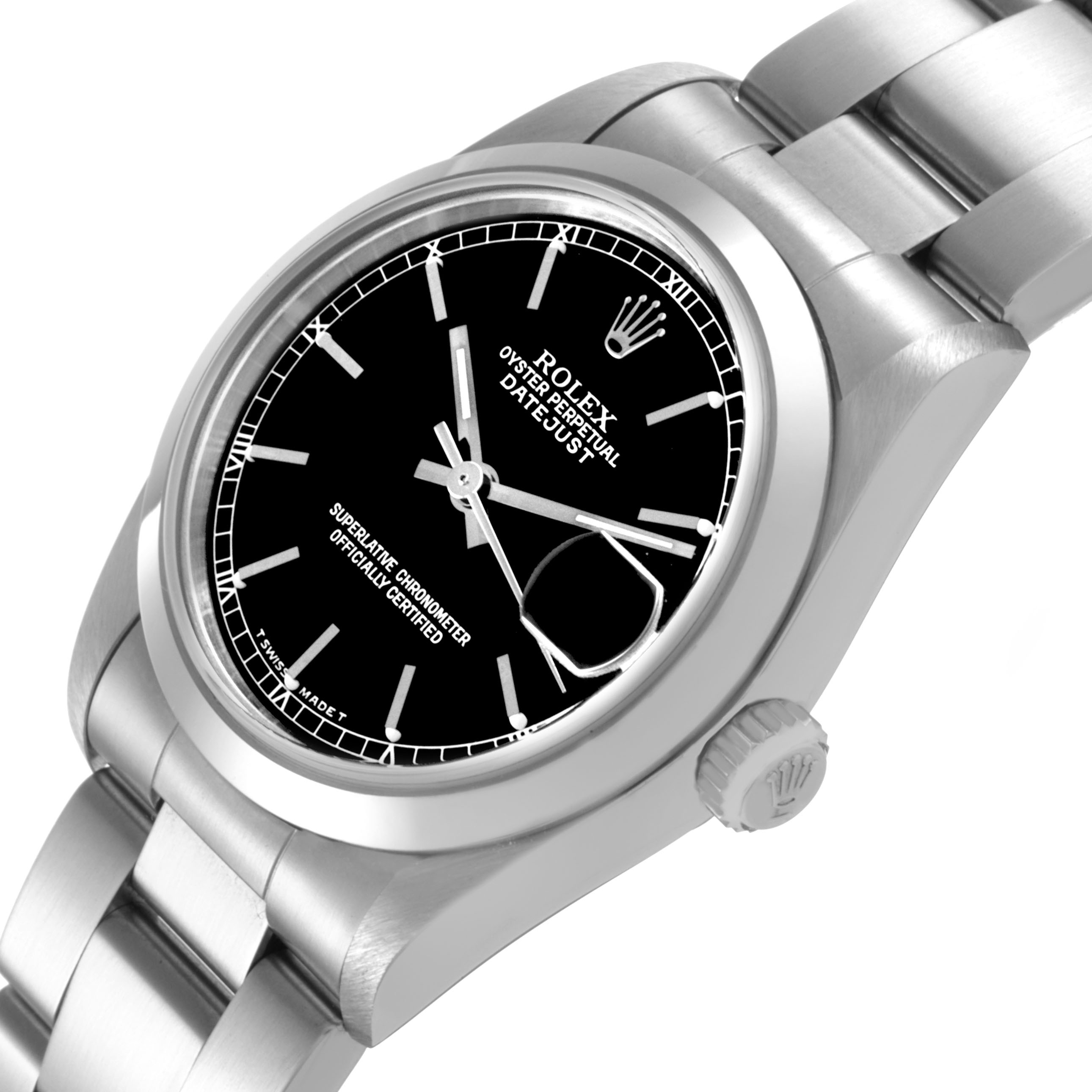 The Rolex Datejust 68240 Women's Stainless Steel Black Dial watch is shown from a top angle, displaying the dial, crown, and part of the bracelet.